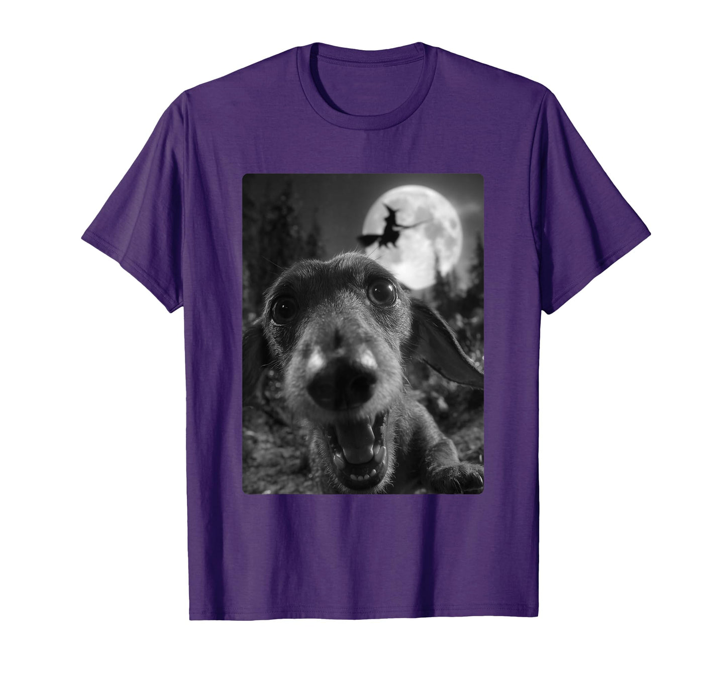 Funny Dachshund Selfie Full Moon Flying Witch Halloween Dog T-Shirt
