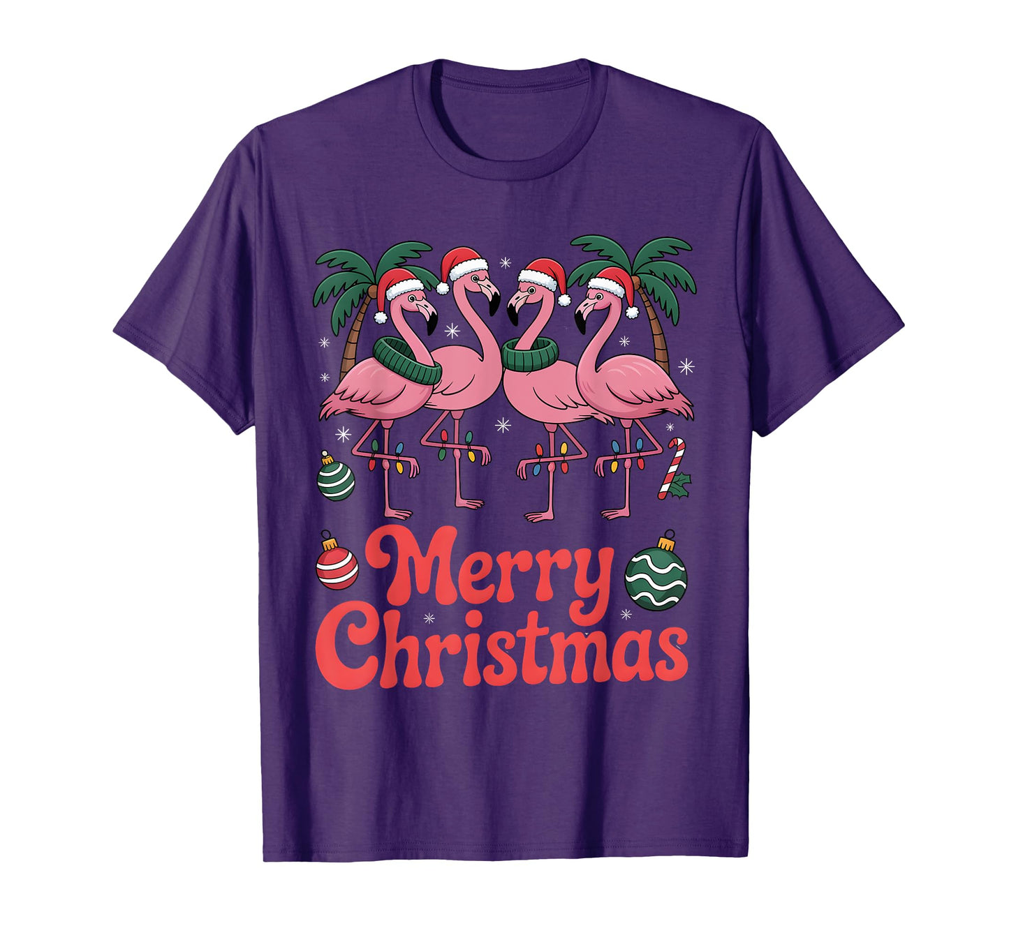 Merry Christmas Pink Flamingo Santa Hat Xmas Lights T-Shirt