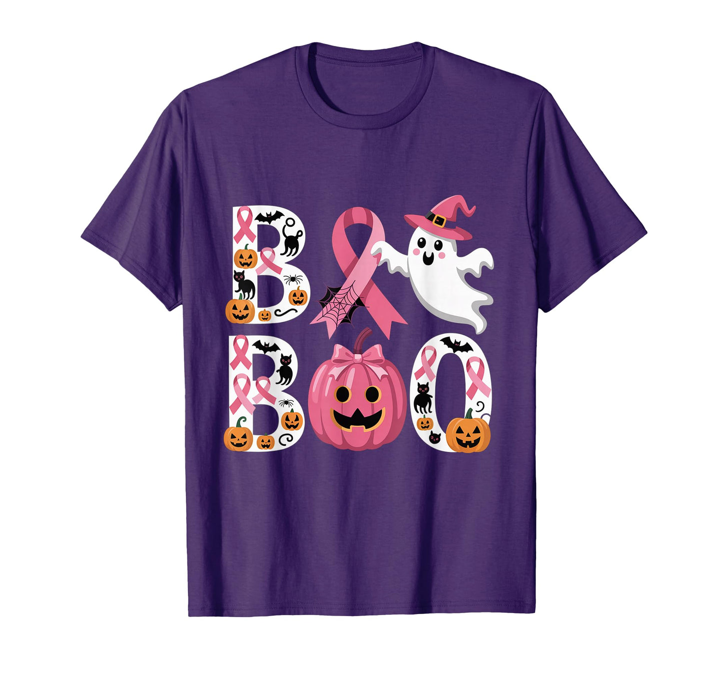 Boo Halloween Pumpkin Pink Ribbon Witch Cancer Awareness T-Shirt