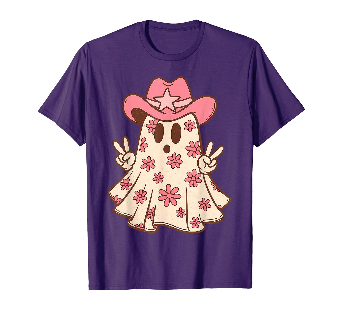 Retro Western Halloween Cowboy Cowgirl Ghost Boo Pink Floral T-Shirt