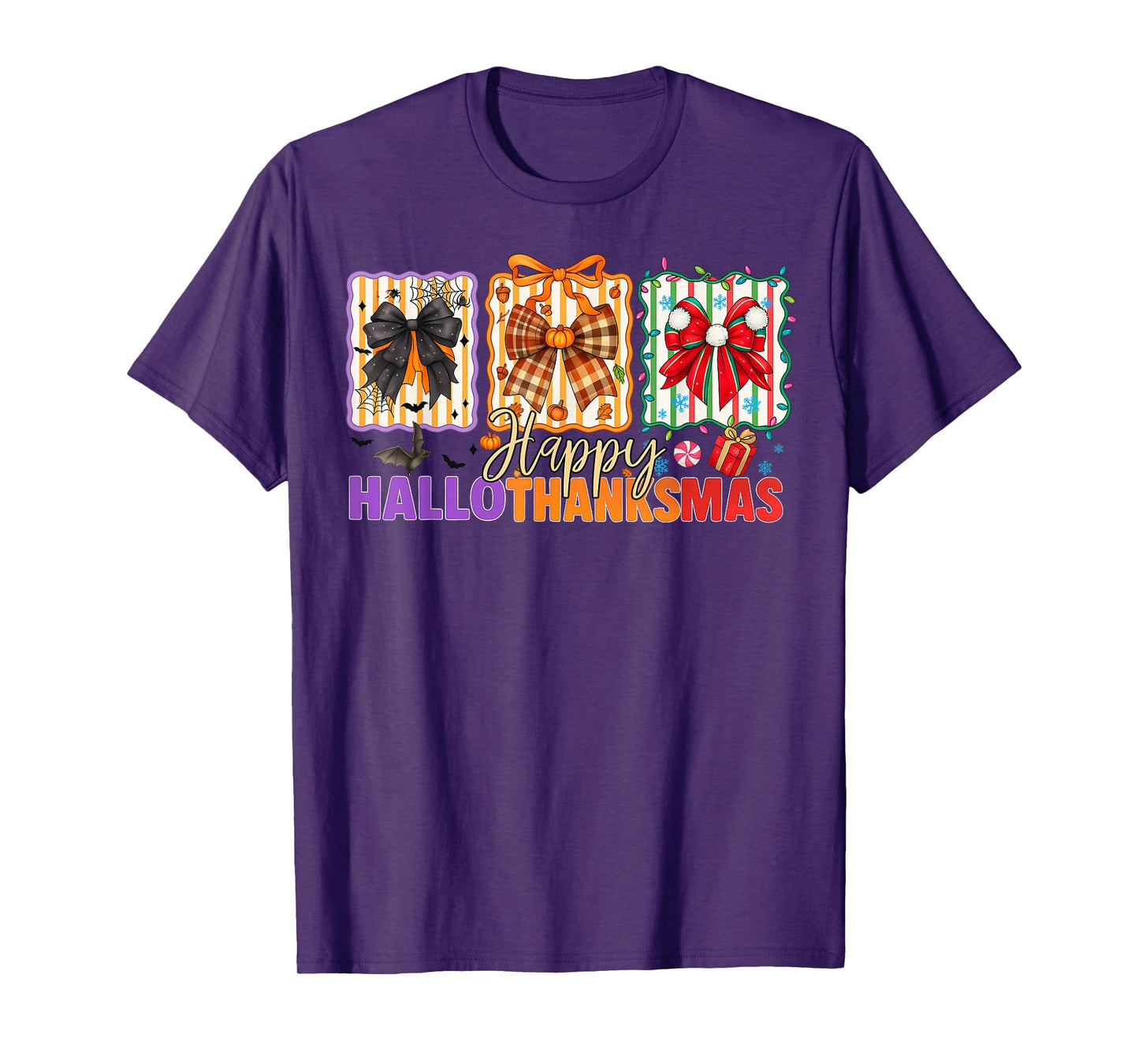 Bows Halloween Thanksgiving Christmas Happy HalloThanksMas T-Shirt
