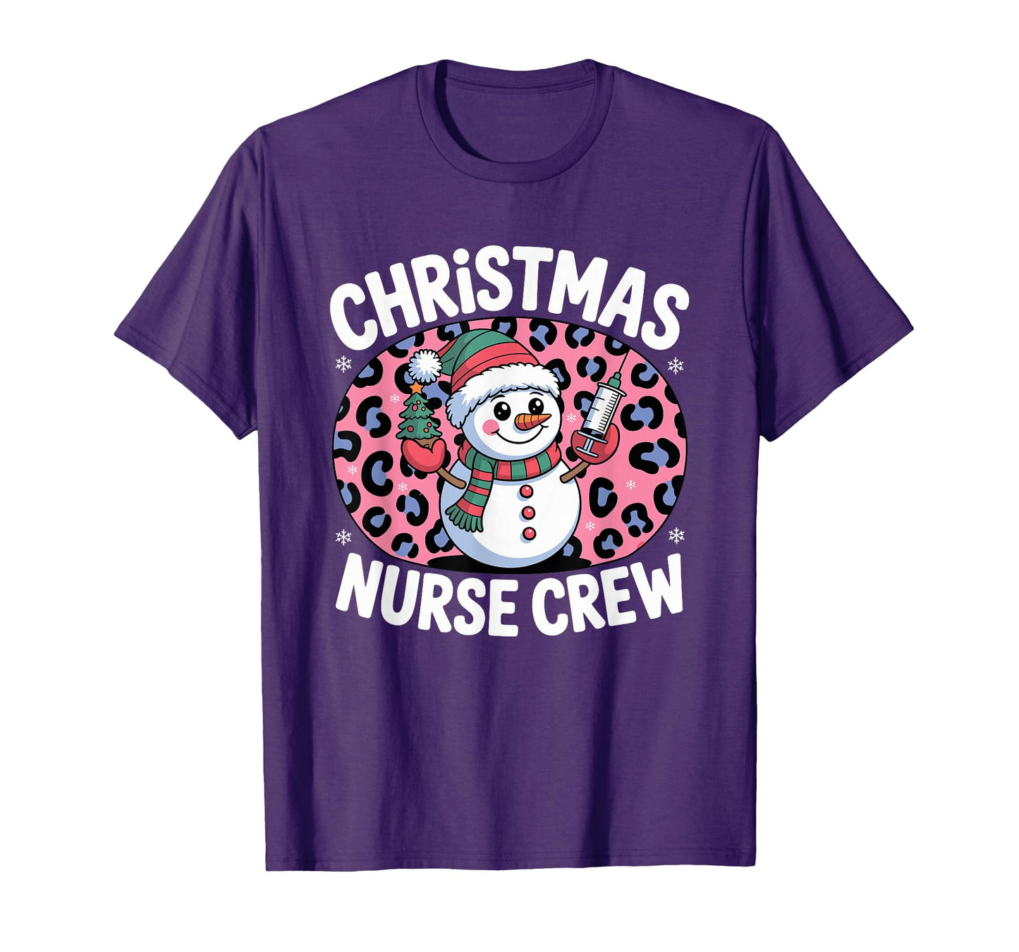 Nurse Christmas Crew Snowman Pink Leopard Print T-Shirt