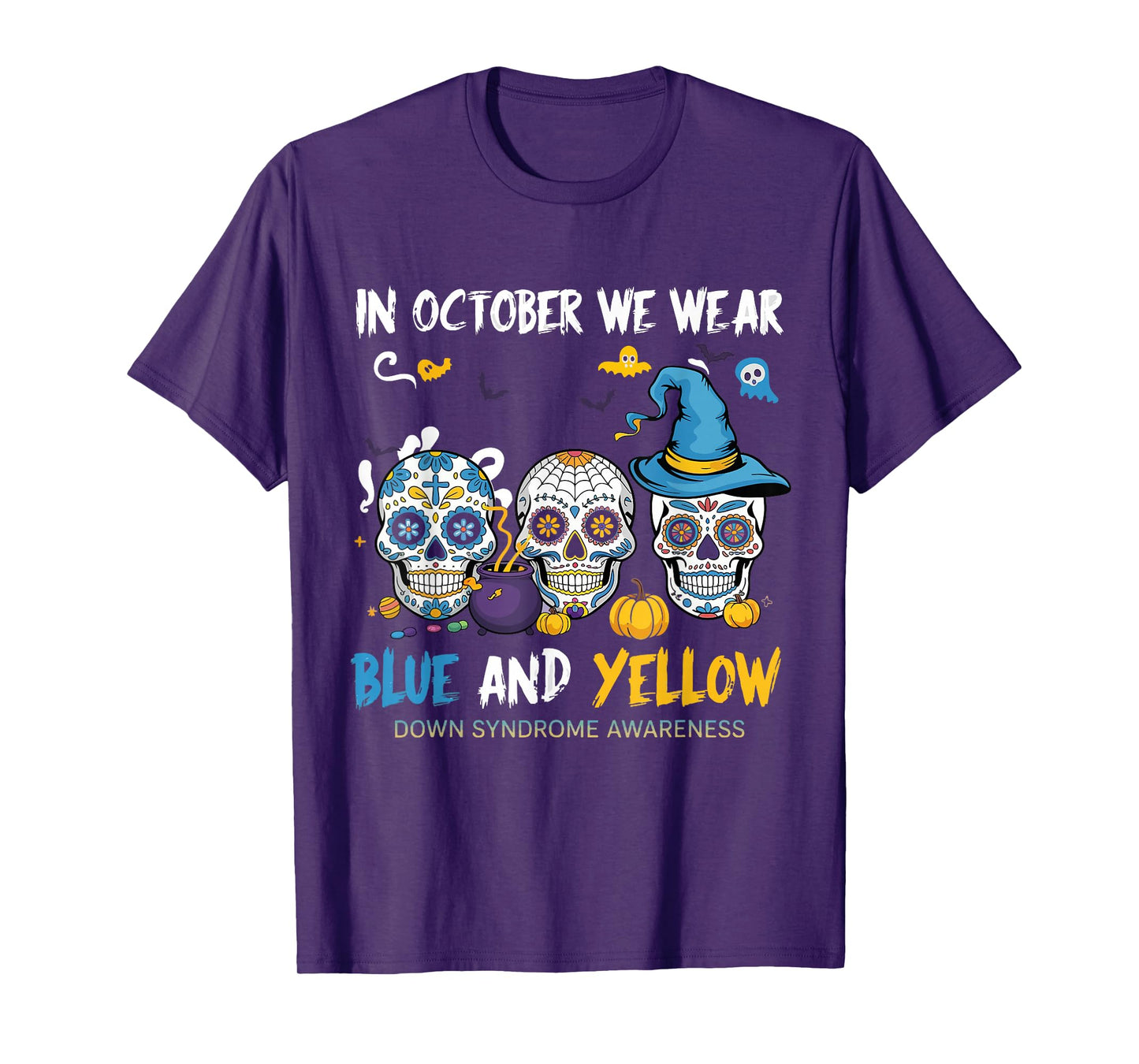 Sugar Skulls Halloween Blue and Yellow Down Syndrome T-Shirt