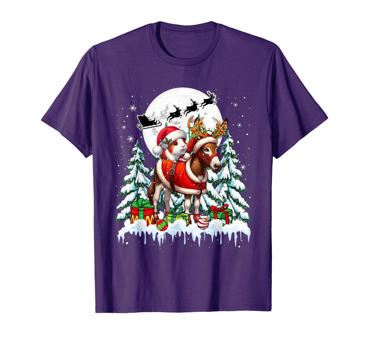 Santa Guinea Pig Riding Reindeer Donkey Christmas Trees T-Shirt
