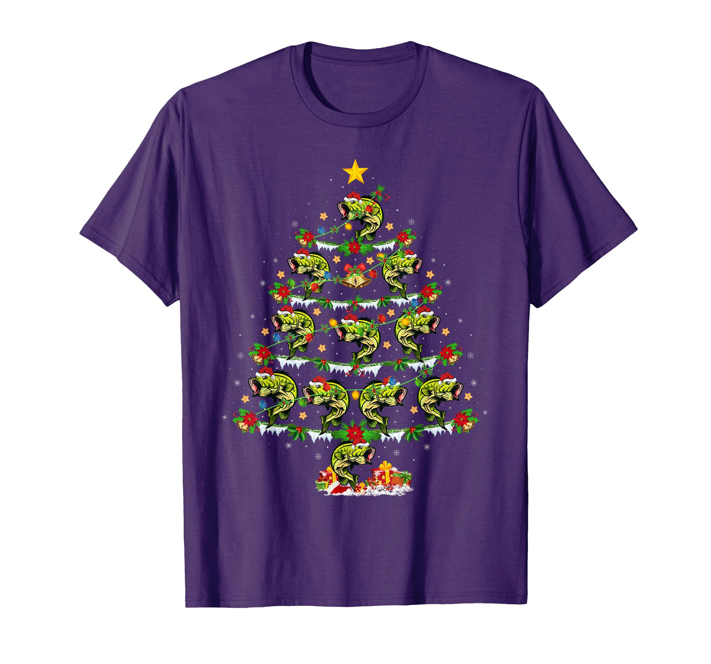 Bass Fish Christmas Tree Lights Funny Bass Fish Fishing Xmas T-Shirt