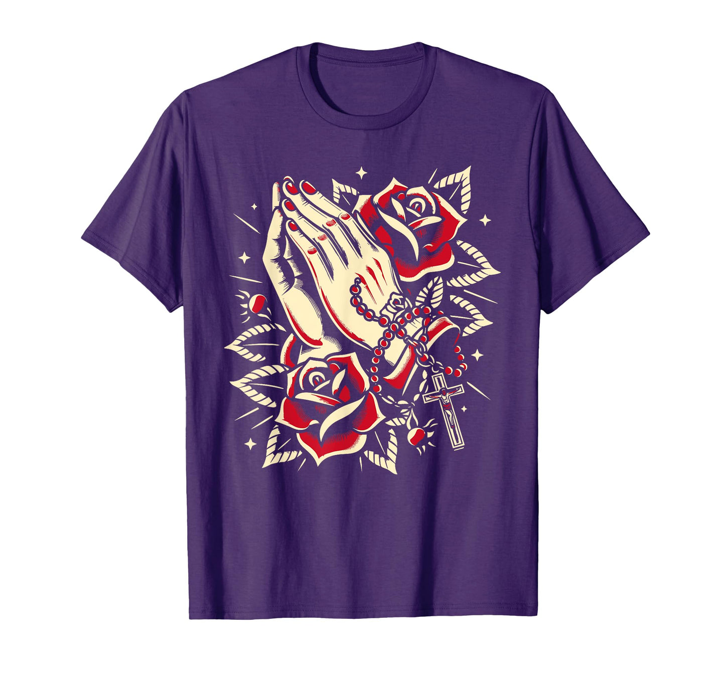 Praying Hands Rosary and Rose, Traditional Tattoo Design T-Shirt