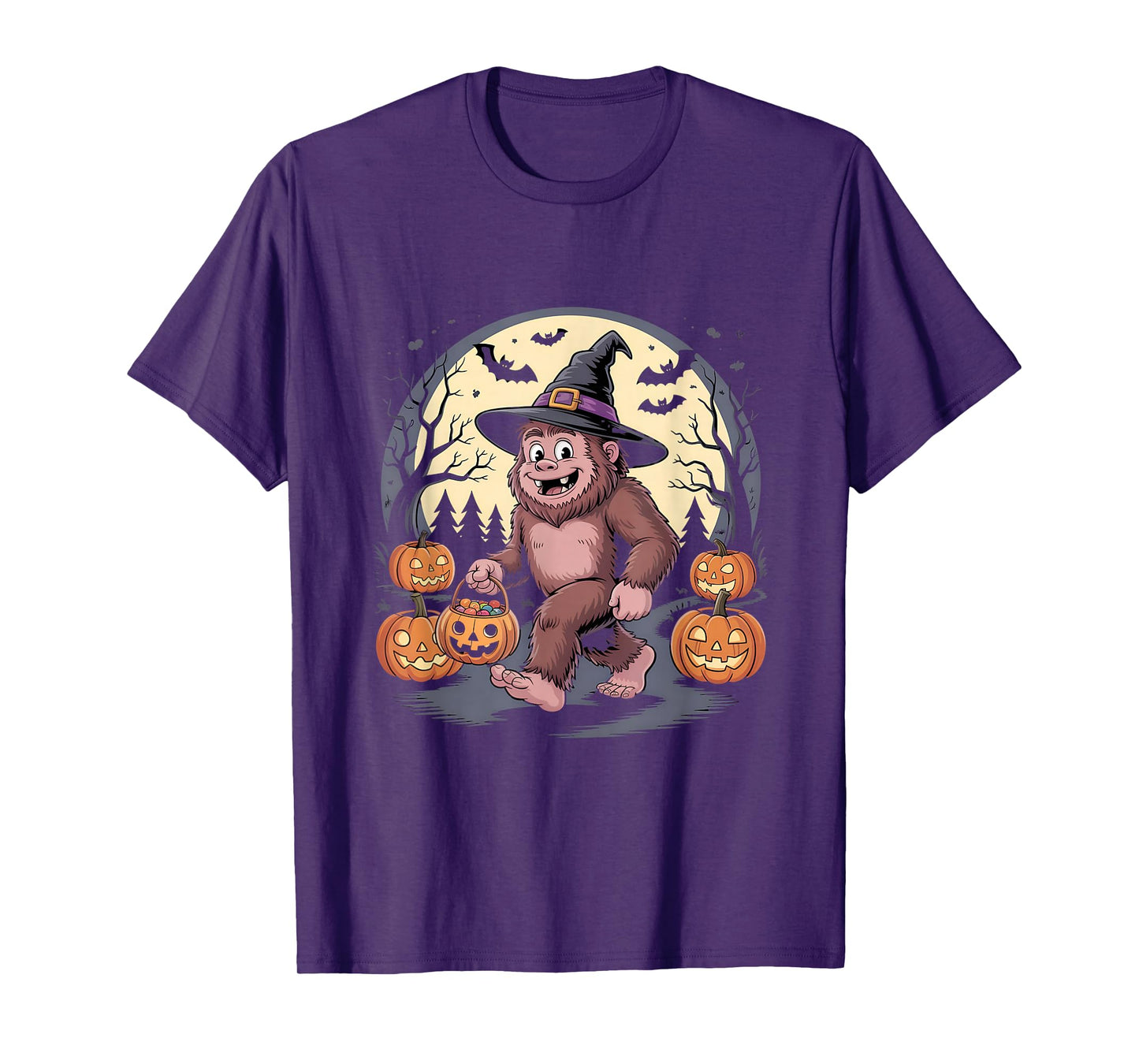 Cute Halloween Bigfoot Witch Hat Pumpkin Moon T-Shirt