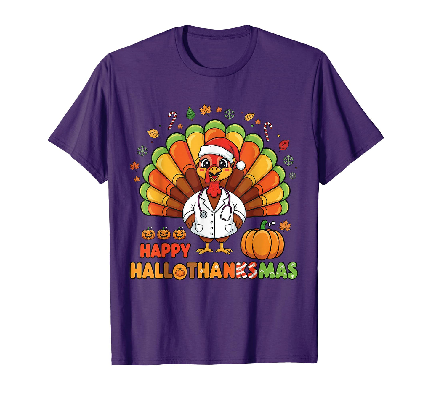 Halloween Thanksgiving Happy HalloThanksMas Santa Lights T-Shirt