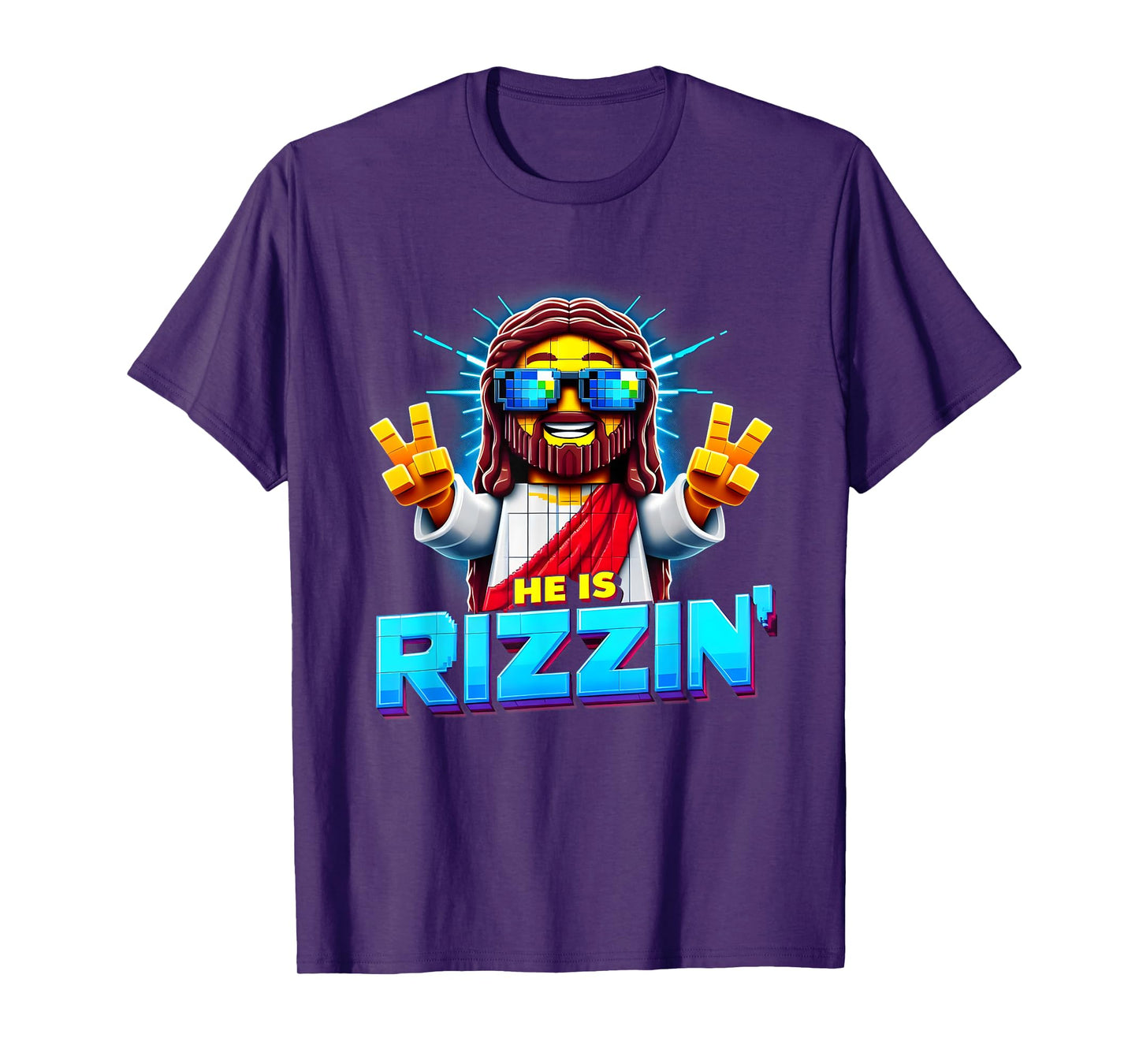 He Is Rizzen Jesus Has Rizzen Retro Christian Pixel Gaming T-Shirt