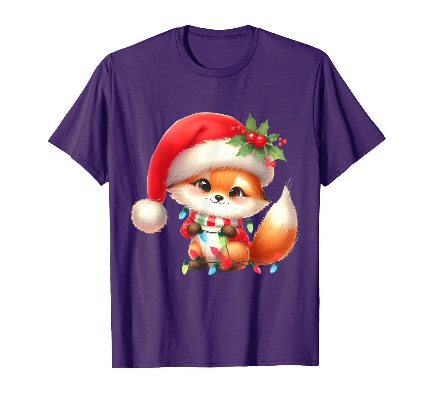 Fox Christmas Lights Funny Santa Hat Merry Xmas T-Shirt