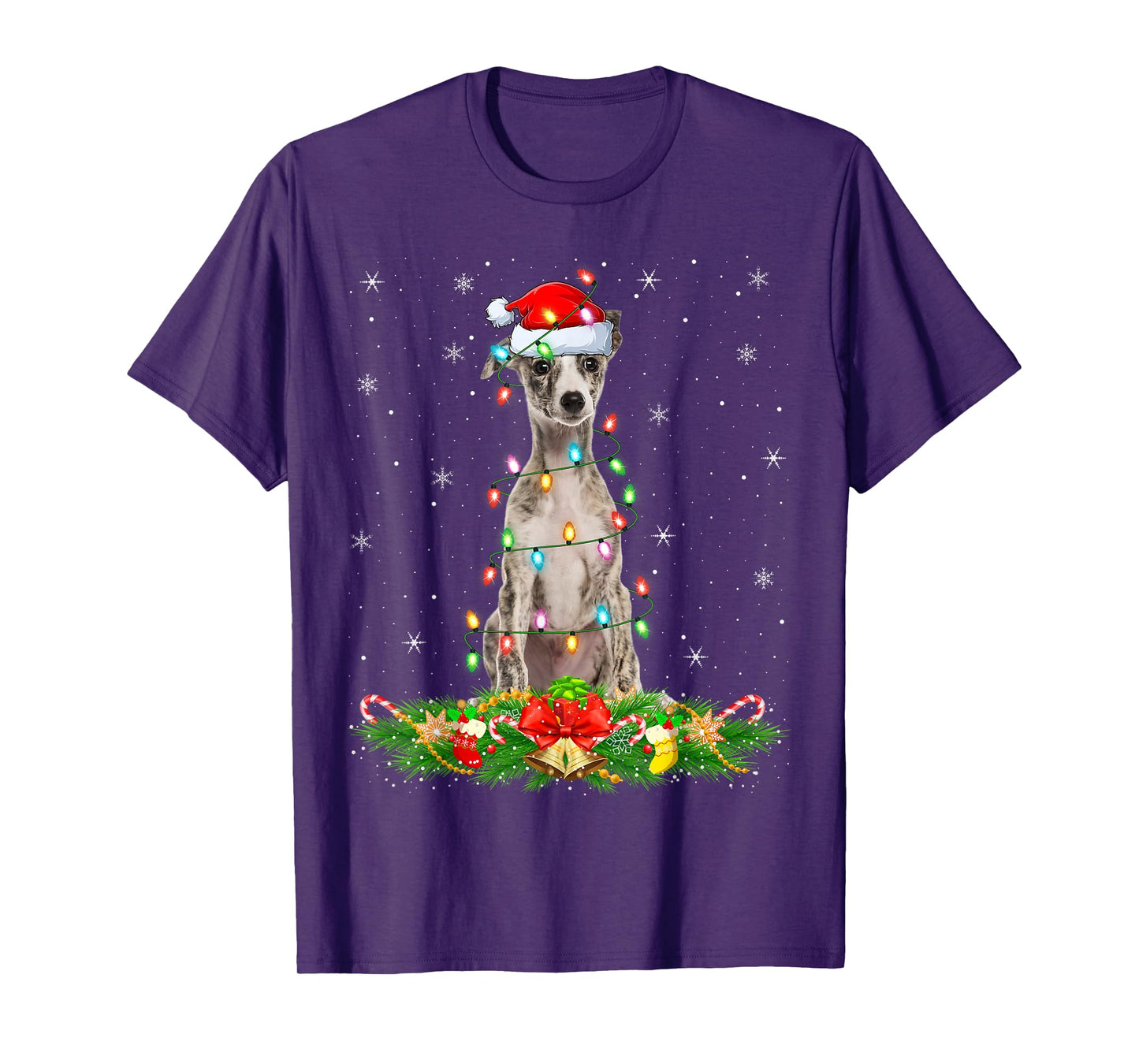 Whippet Dog Christmas Lights Funny Santa Hat Xmas T-Shirt
