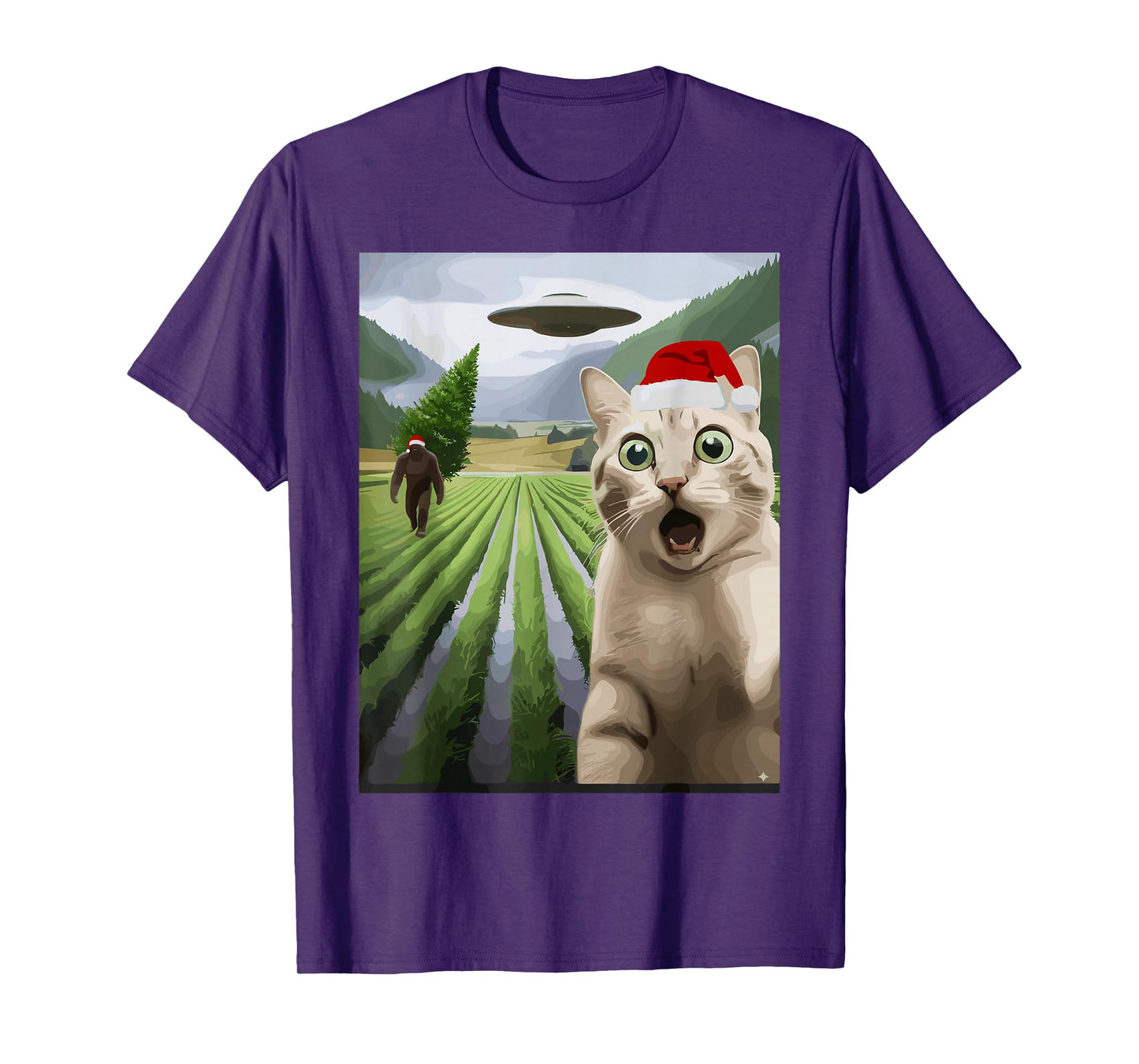 Christmas Cat Bigfoot UFO Alien Funny Holiday T-Shirt