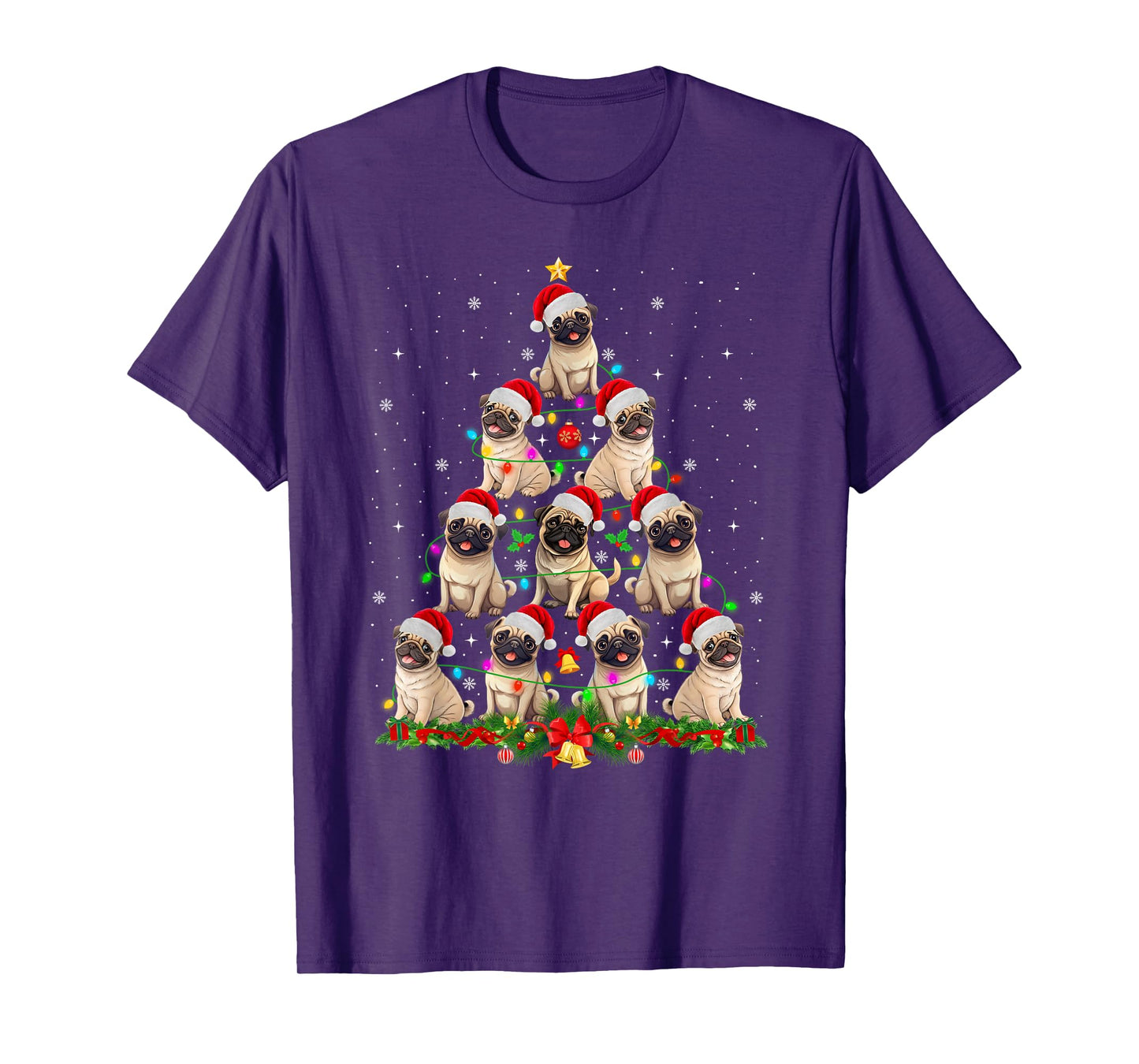 Pug Santa Hat Christmas Tree Lights Xmas Pugmas Dog Lover T-Shirt