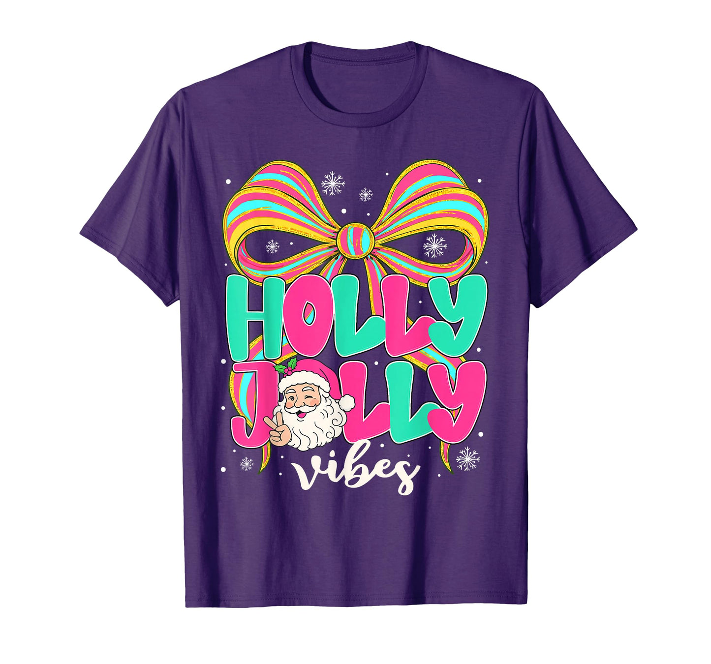 Preppy Holly Xmas Jolly Vibes Bow Christmas Girl Women Pjs T-Shirt
