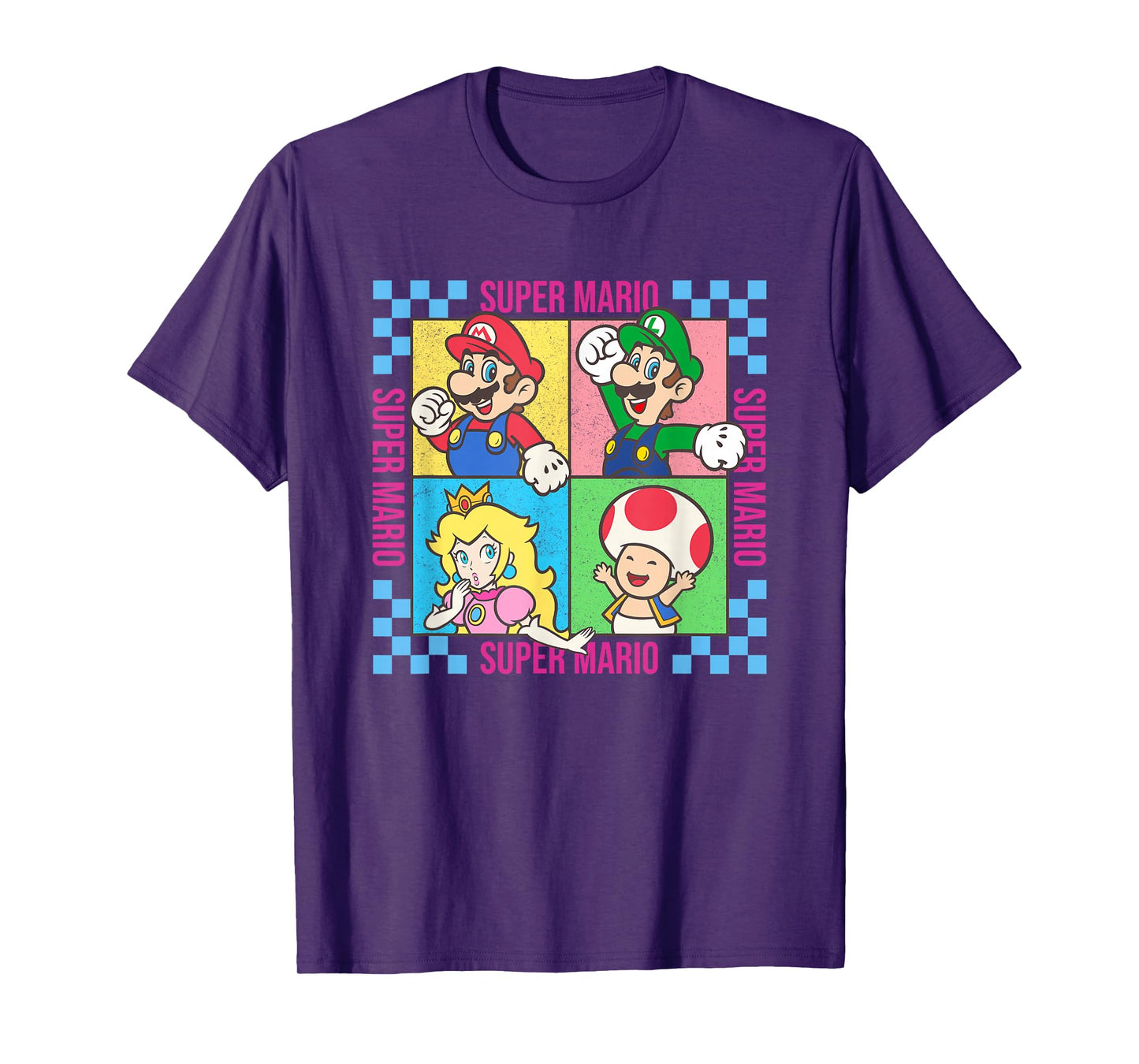 Super Mario Neon Pastel Checkerboard Frame Group Shot T-Shirt