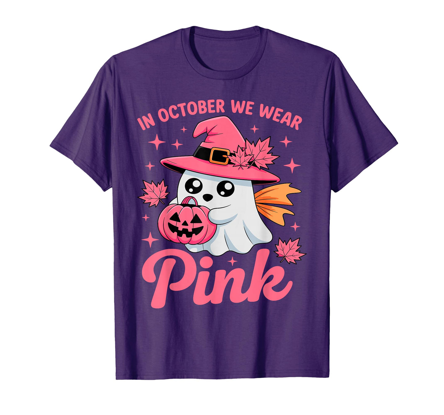 in October We Wear Pink Breast Cancer Awareness Witch Ghost T-Shirt