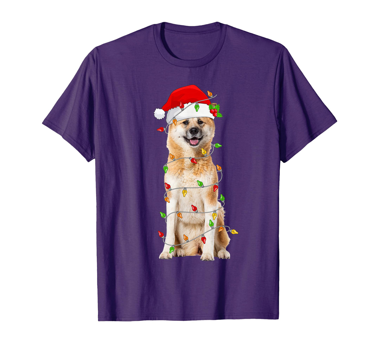 Akita Inu Christmas Santa Hat Lights Funny Pet Dog Xmas T-Shirt