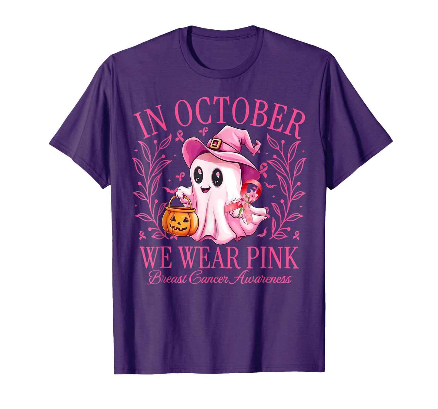 in October We Wear Pink Ghost Witch Breast Cancer Awareness T-Shirt