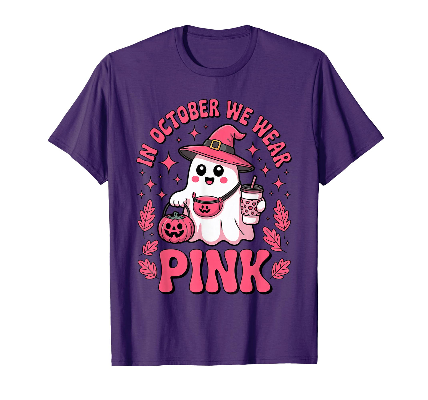 Halloween Witch Ghost with Coffee in October We Wear Pink T-Shirt