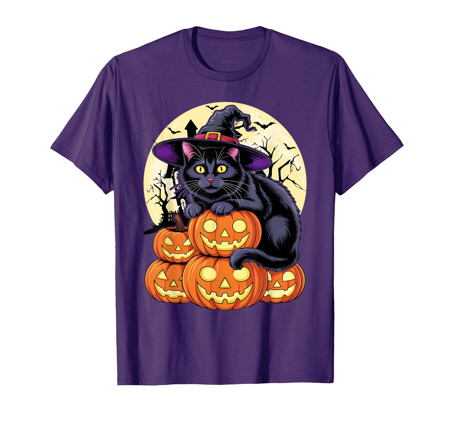 Cute Black Cat Halloween Pumpkin Costume Witch Hat Kids T-Shirt