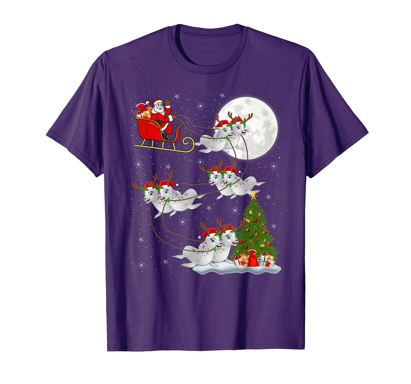 Sea Lion Santa Sleigh Flying Funny Magical Christmas T-Shirt