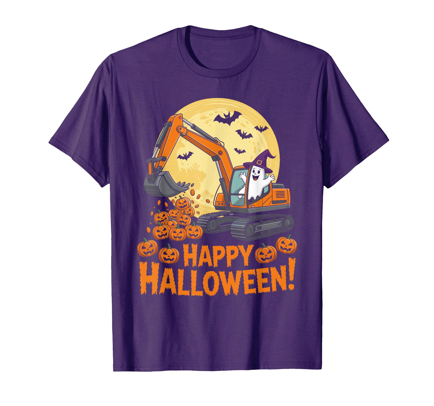 Happy Halloween Ghost Pumpkins and Excavator Construction T-Shirt