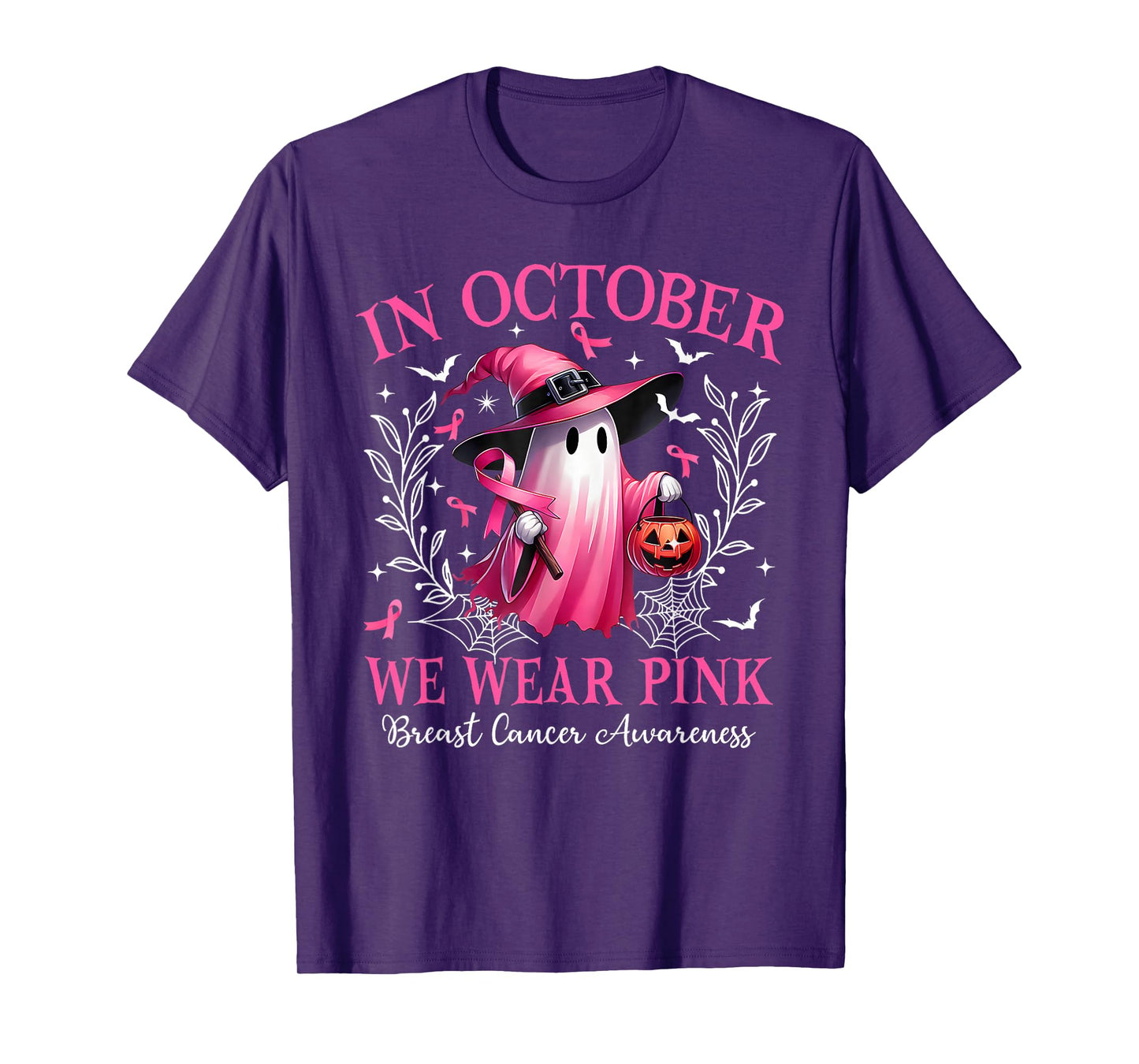 in October We Wear Pink Halloween Witch Ghost Pumpkin T-Shirt