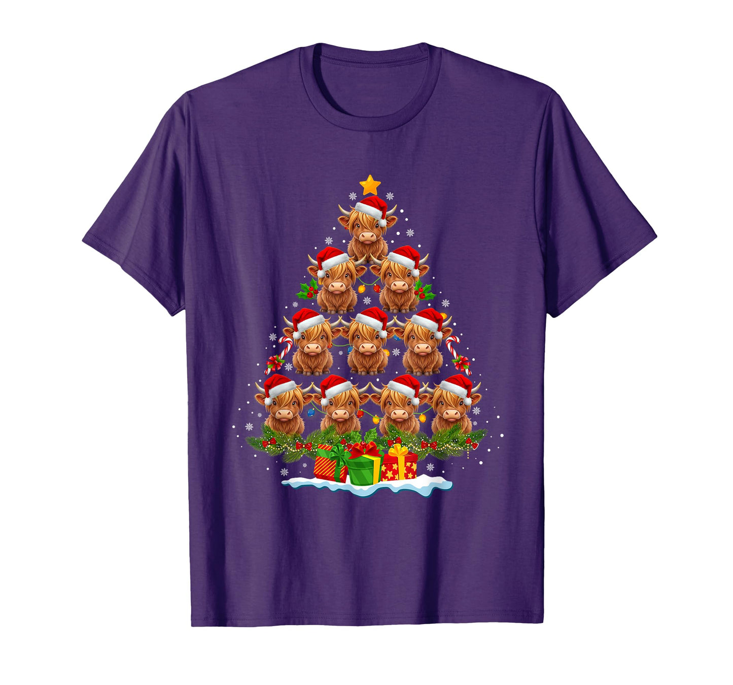 Scottish Highland Cow Christmas Tree Lights Xmas Cow Lover T-Shirt