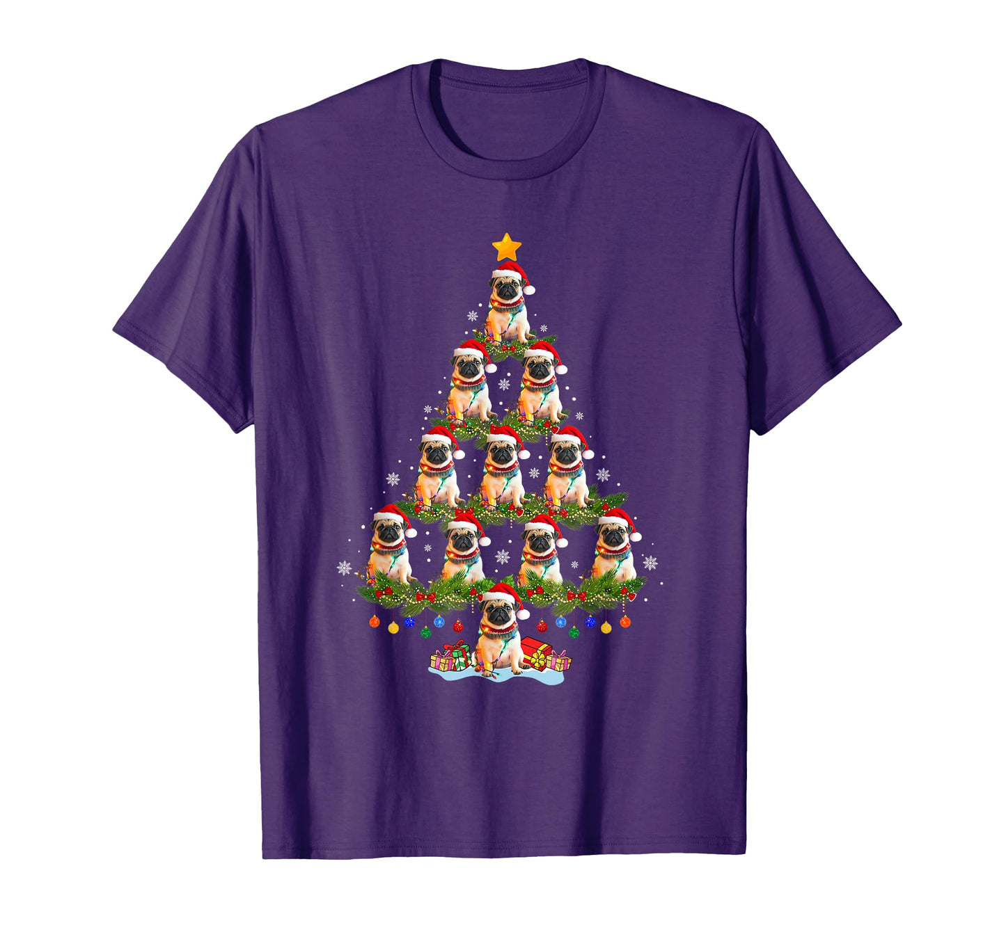 Funny Christmas Pug Dog Santa Hat Christmas Tree Lights T-Shirt