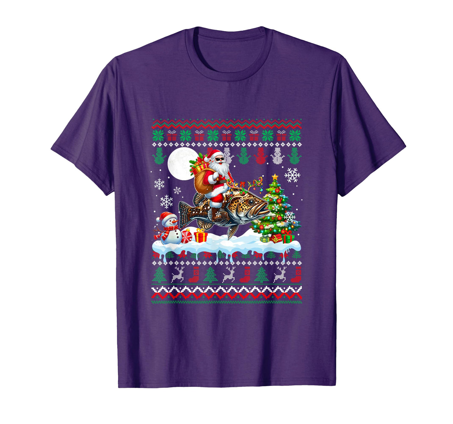 Santa Riding Reindeer Grouper Sweater Xmas Tree Snowman T-Shirt