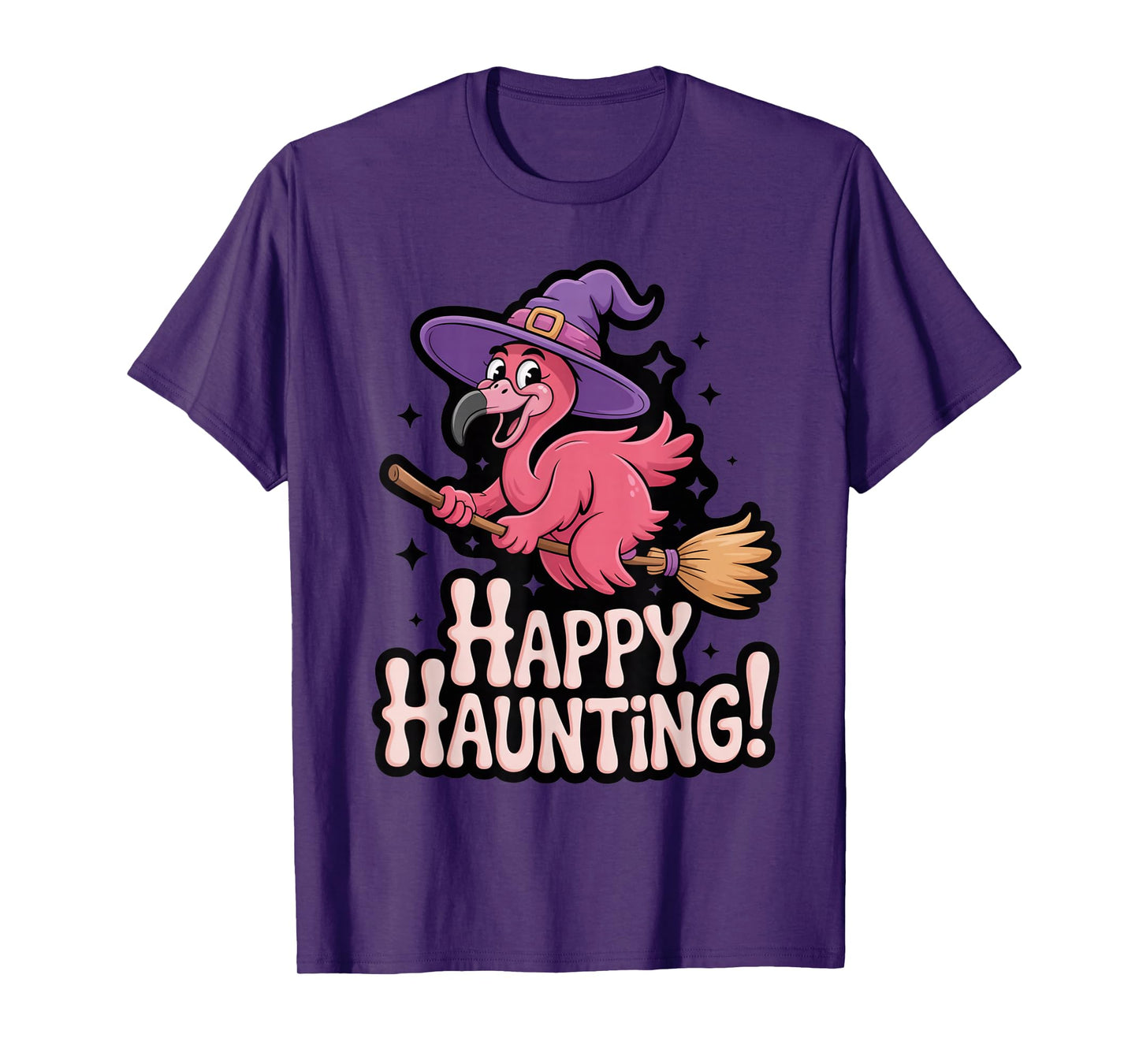 Happy Haunting Flamingo Witch on Broom T-Shirt