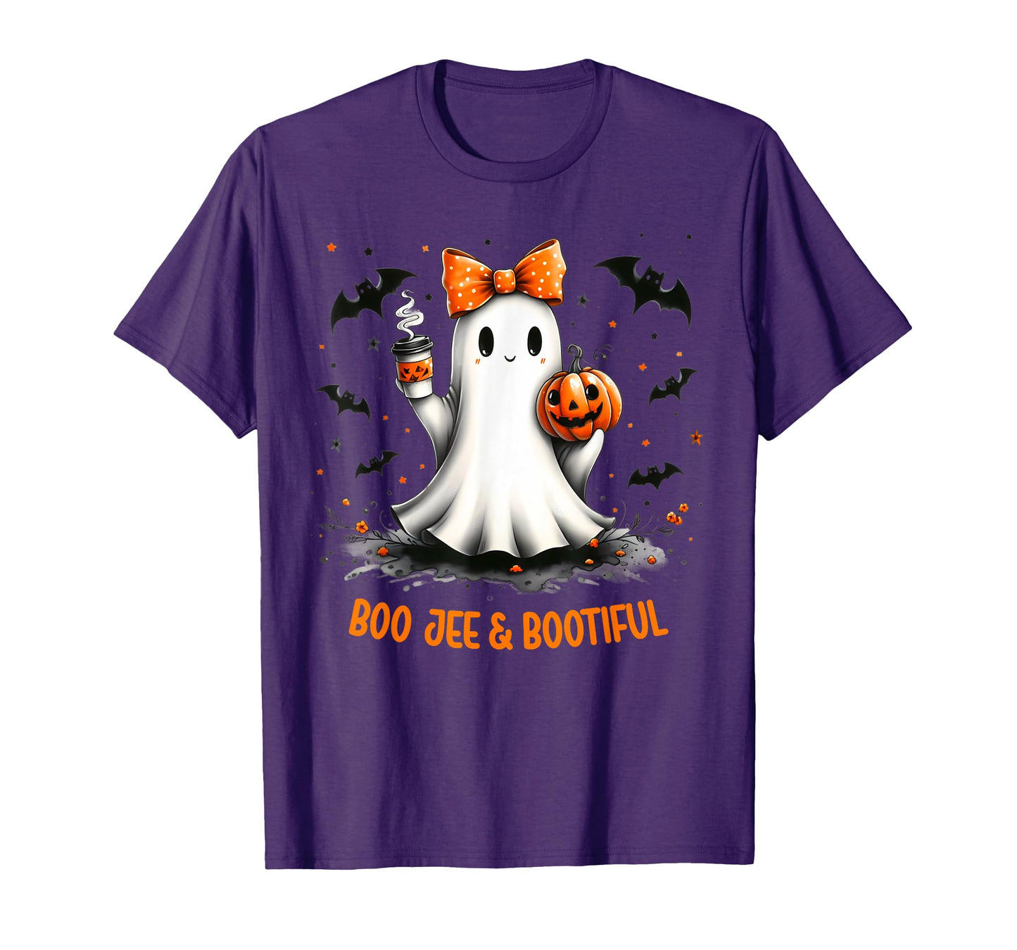 Boo Jee Ghost Drinking Coffee Coquette Bow Halloween Women T-Shirt