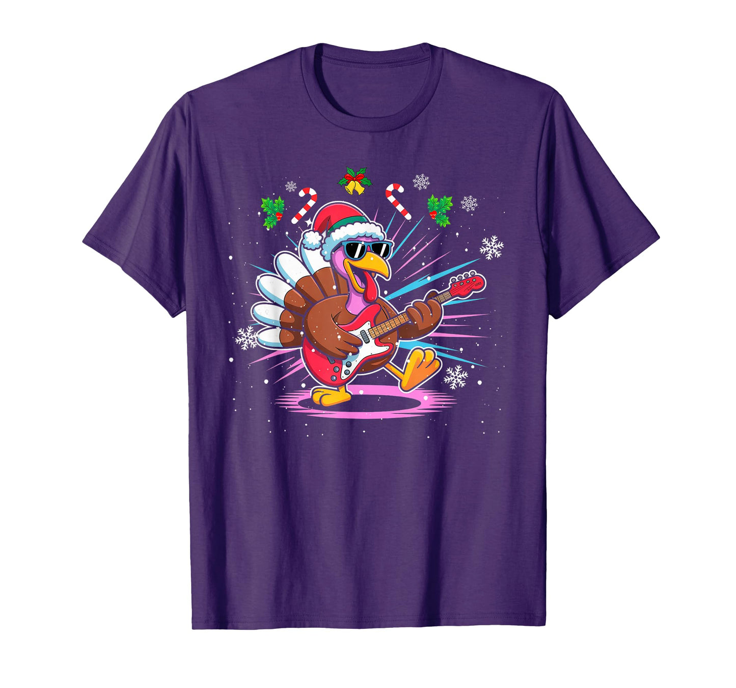 Funny Thanksgiving Santa Hat Turkey Rock Star Playing Guitar T-Shirt