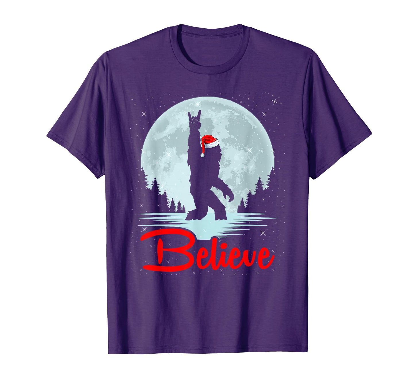 Santa Bigfoot Xmas Funny Sasquatch in Moon Believe Christmas T-Shirt
