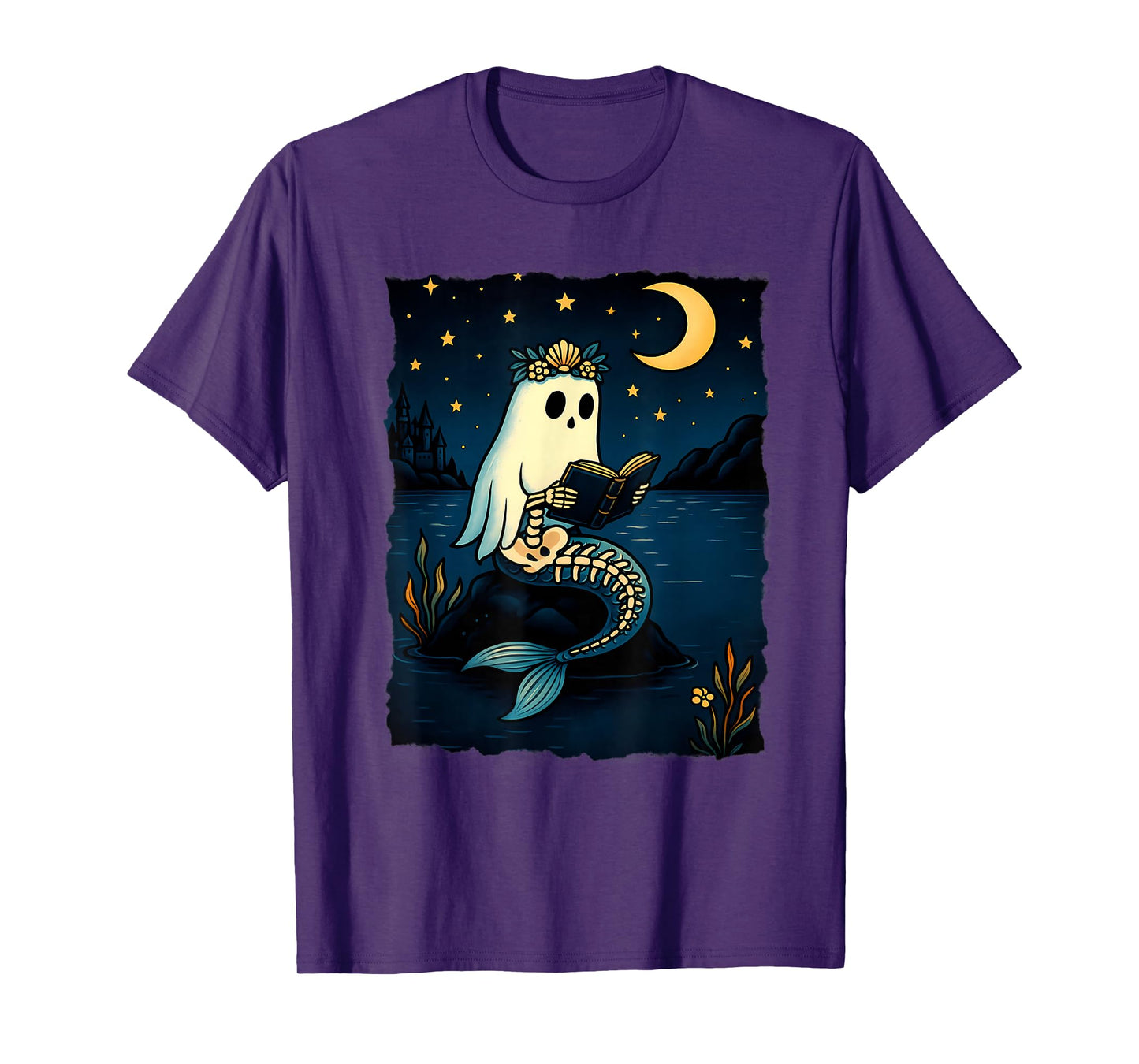 Halloween Vibes Spooky Mermaid Boo Reading Book Lover T-Shirt
