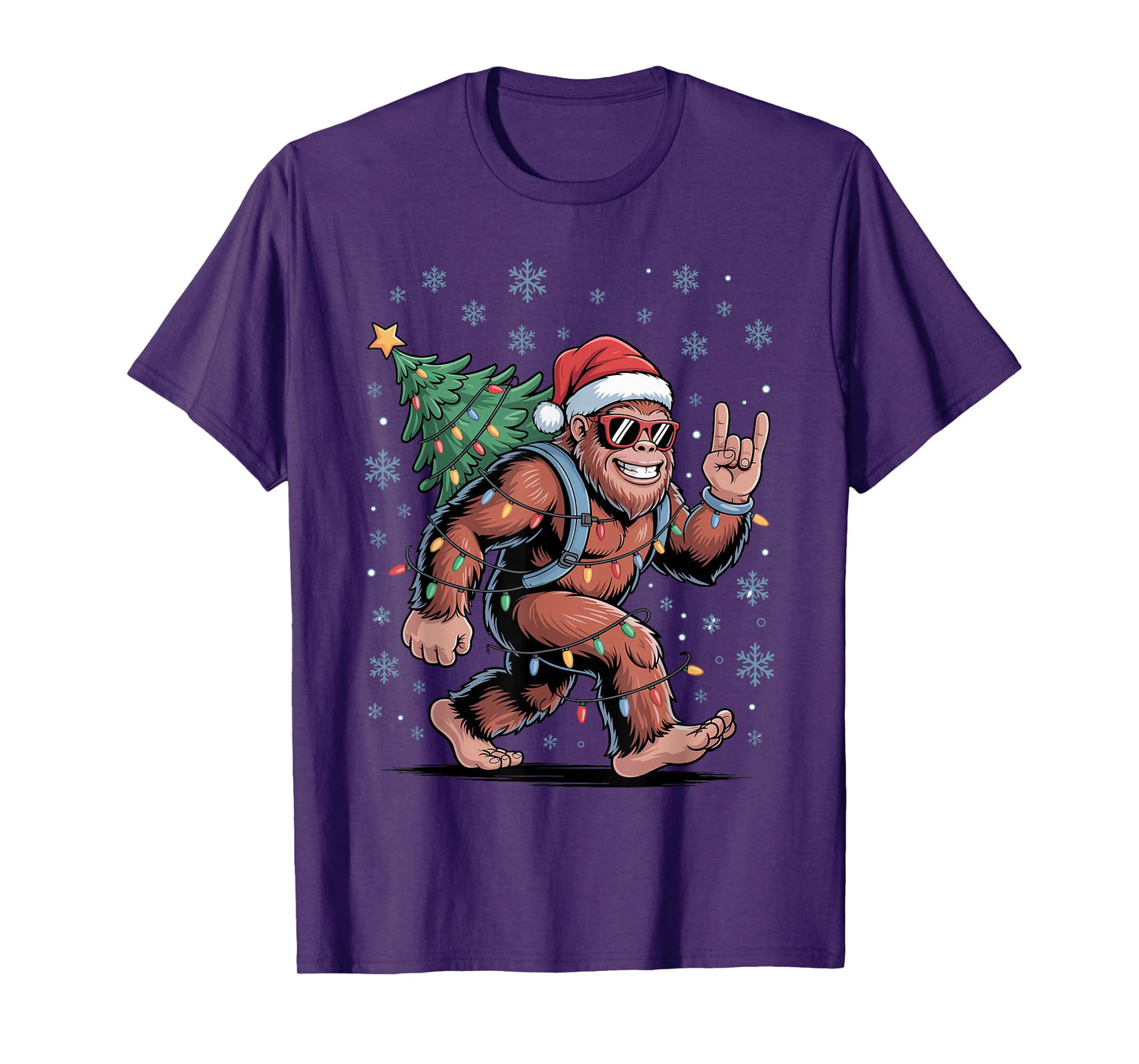 Santa Bigfoot Christmas Tree Xmas Lights Funny Sasquatch T-Shirt