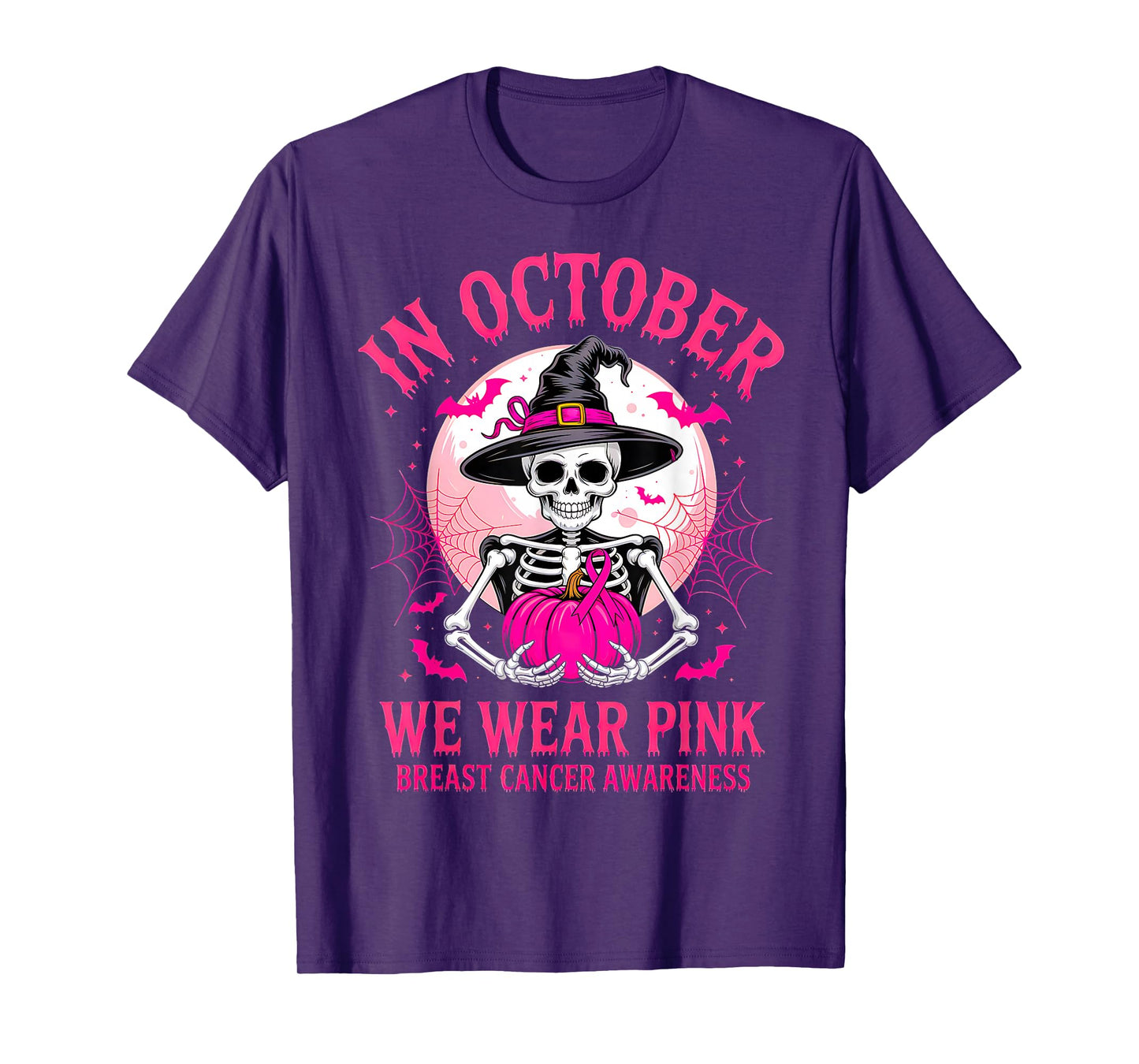 Halloween Breast Cancer Awareness Spooky Skeleton Witch T-Shirt