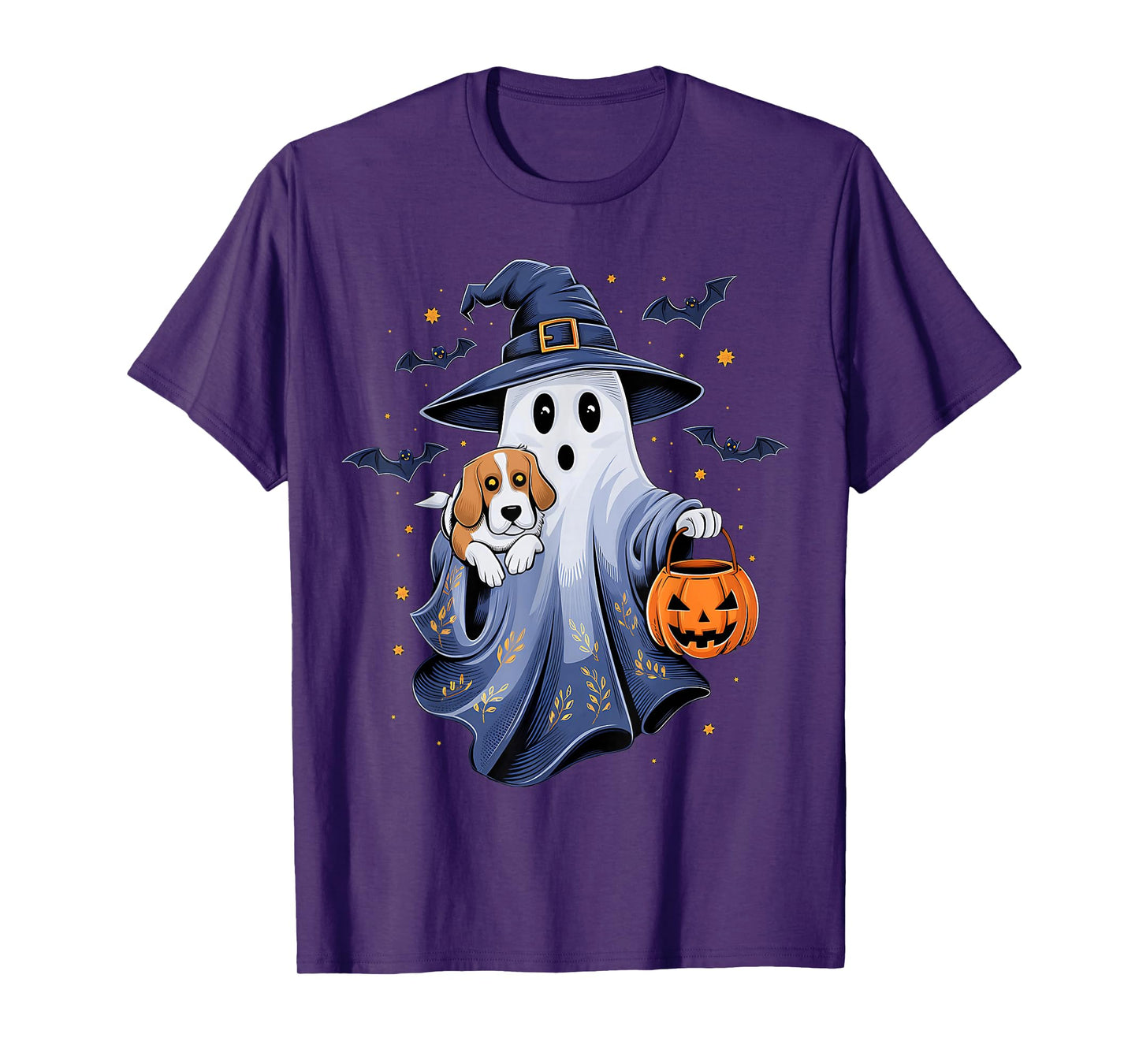 Ghost Witch Holding Beagle Dog Pumpkins Vintage Halloween T-Shirt