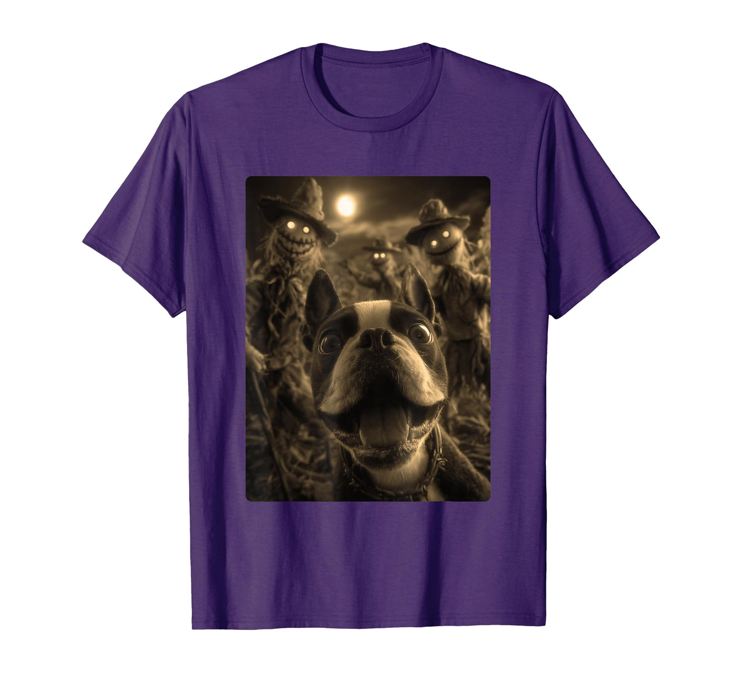 Vintage Boston Terrier Selfie Spooky Scarecrows Halloween T-Shirt