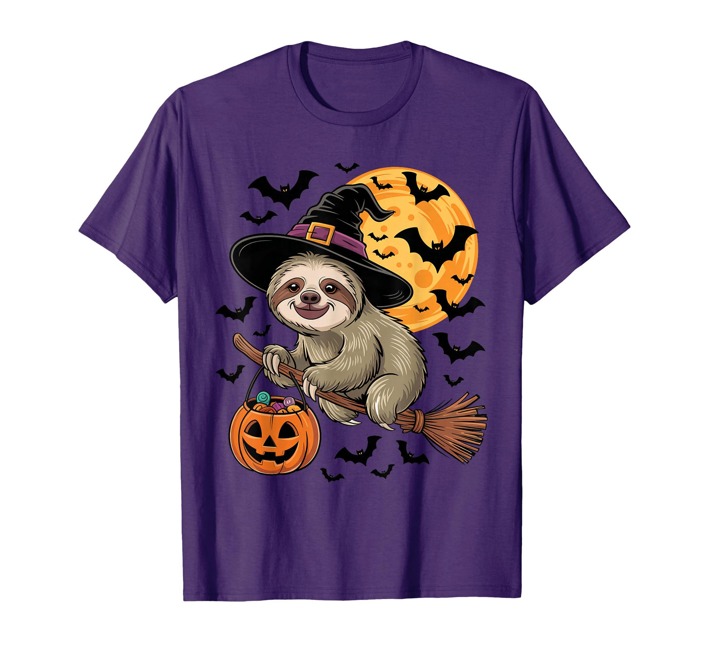 Cute Sloth Witch Hat on Broom Halloween Pumpkin Candy Bucket T-Shirt
