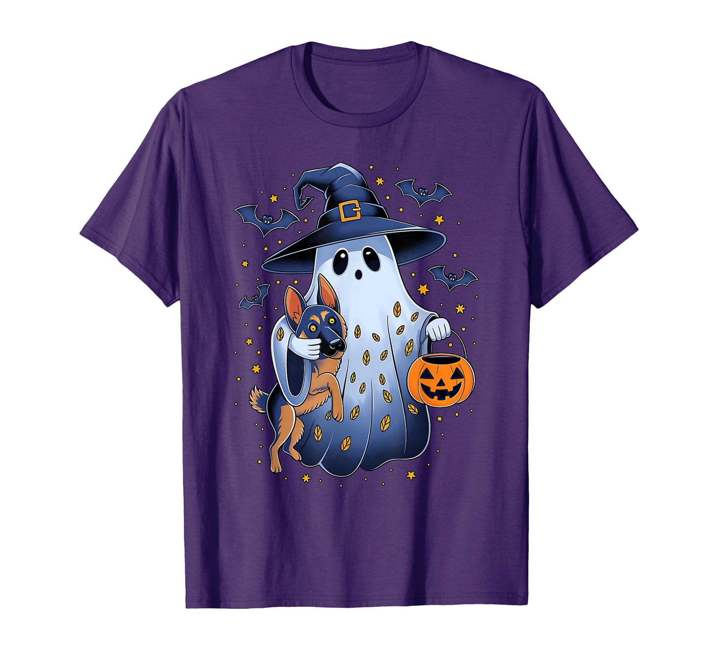 Ghost Witch Holding German Shepherd Dog Pumpkins Halloween T-Shirt