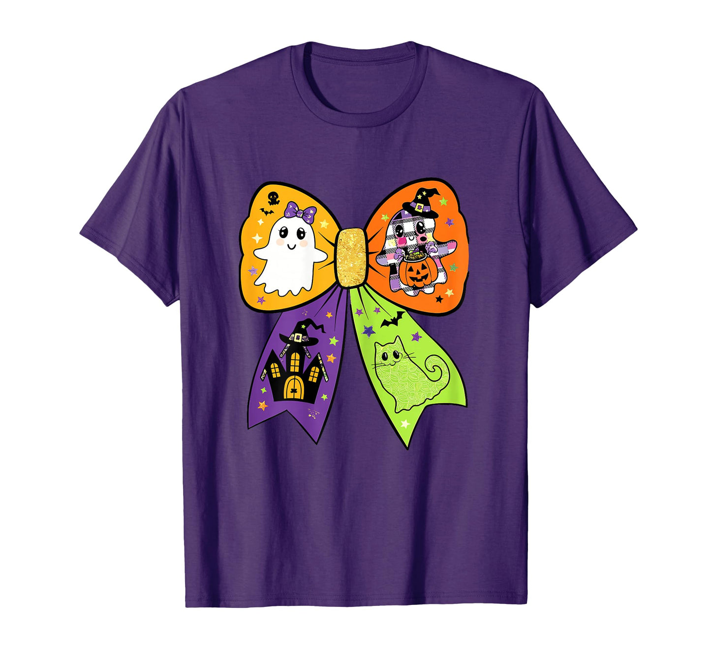 Kawaii Halloween Bow with Cute Ghost Witch Cat & Pumpkin T-Shirt