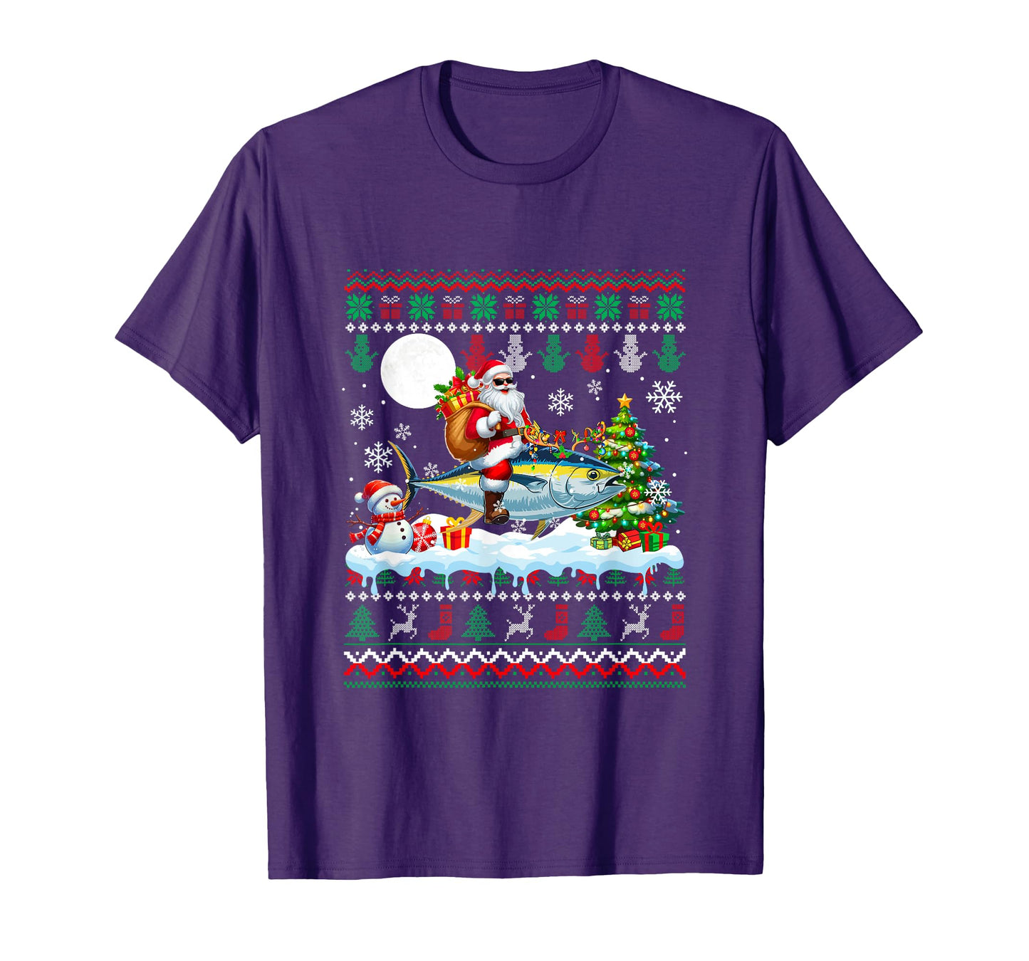 Santa Riding Reindeer Tuna Sweater Xmas Tree Snowman T-Shirt
