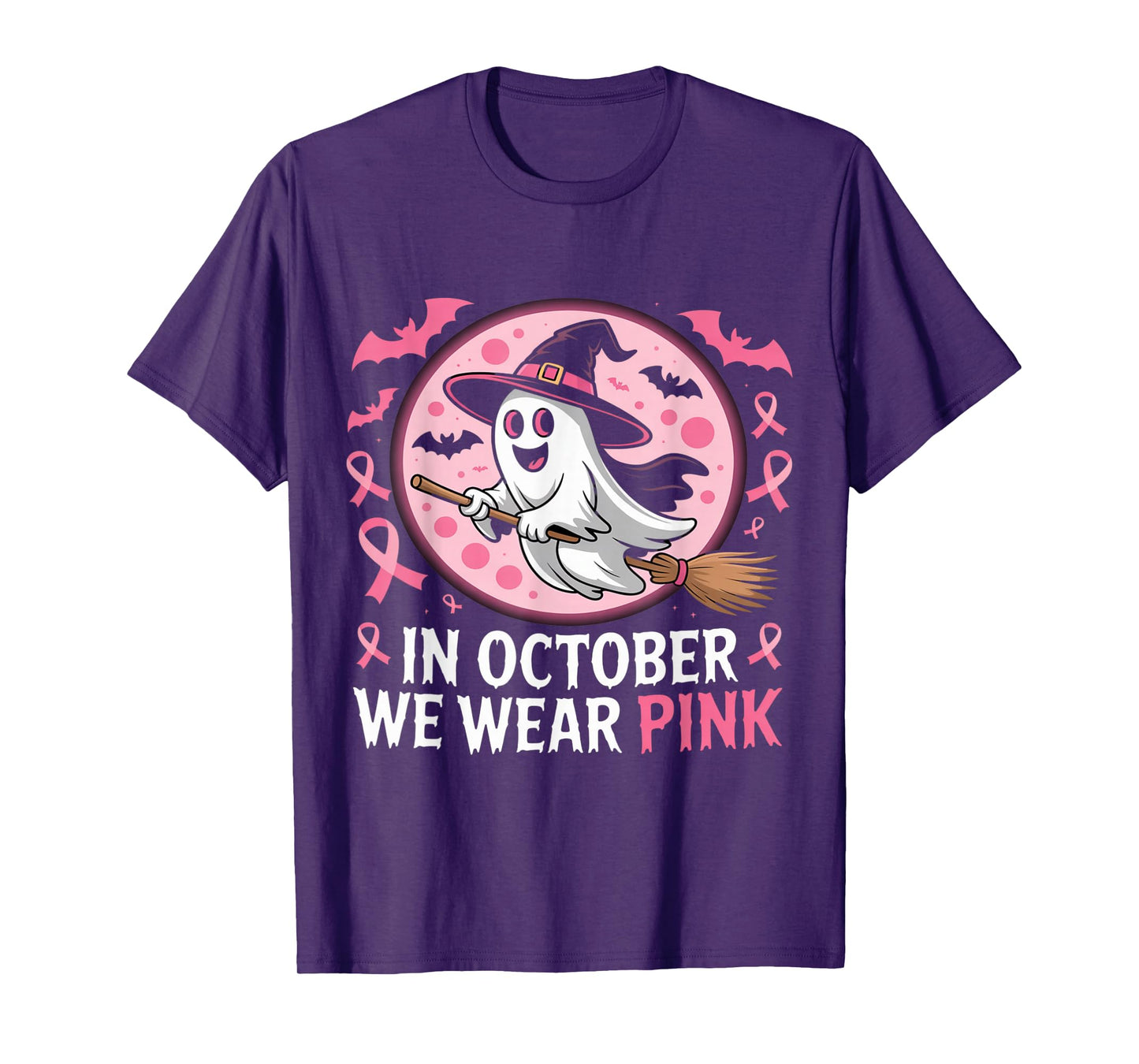 in October We Wear Pink Ghost Witch Breast Cancer Awareness T-Shirt