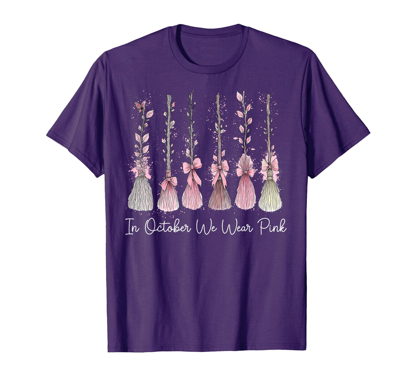 in October We Wear Pink Witch Broom Halloween Breast Cancer T-Shirt