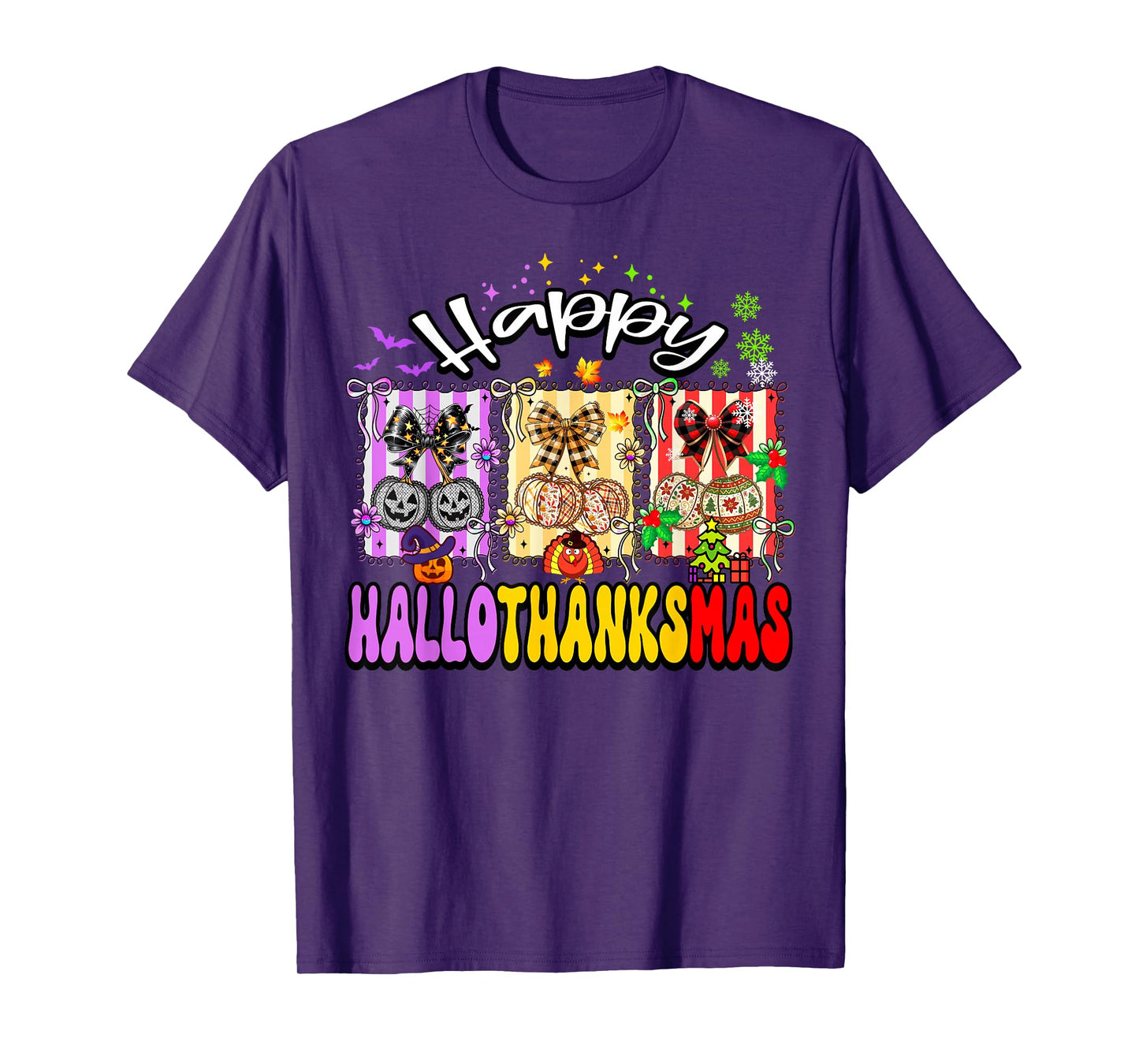 Happy Hallothanksmas Retro Halloween Thanksgiving Christmas T-Shirt
