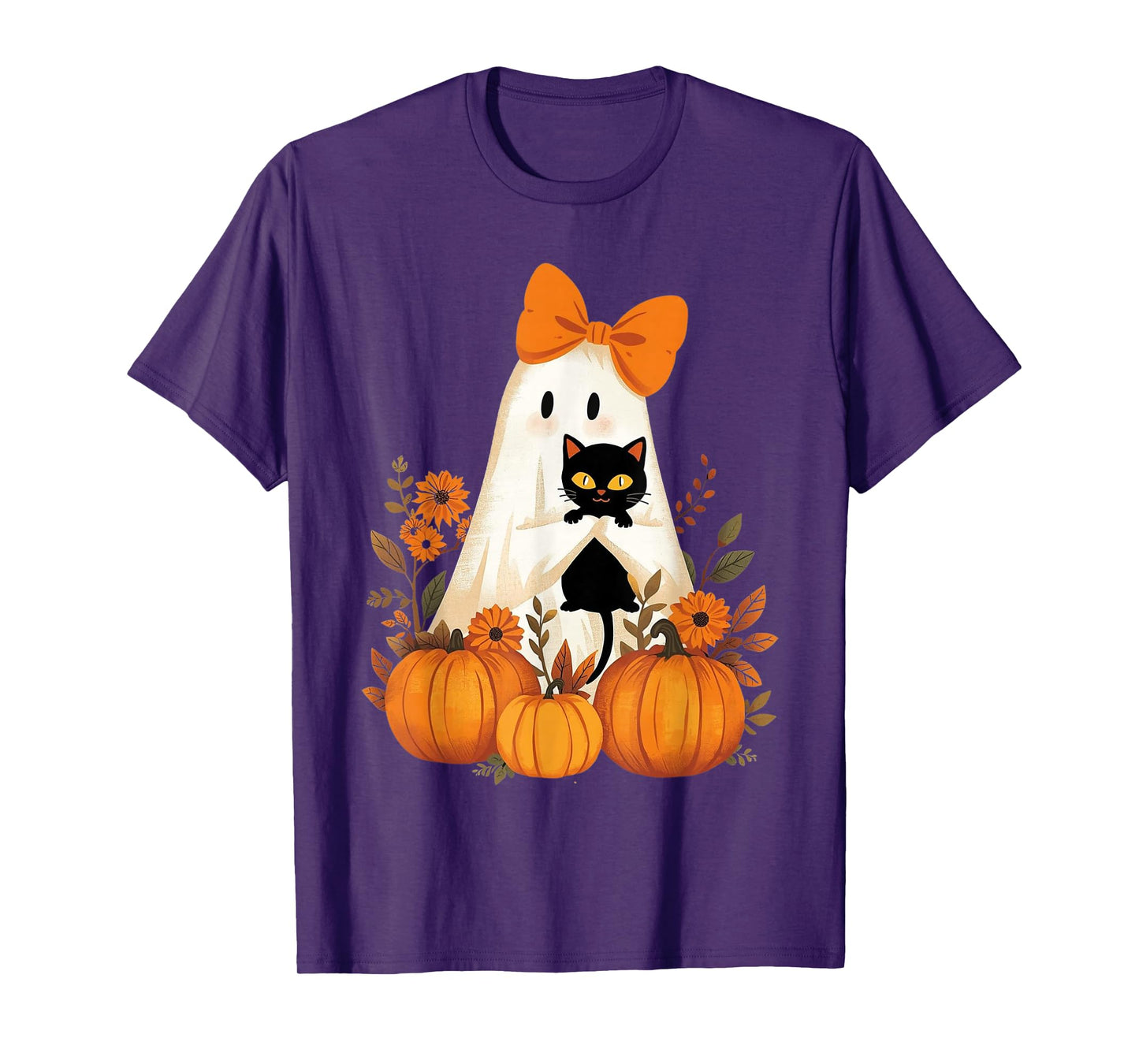 Vintage Halloween Ghost Holding Cat Groovy Floral Cat Meme T-Shirt
