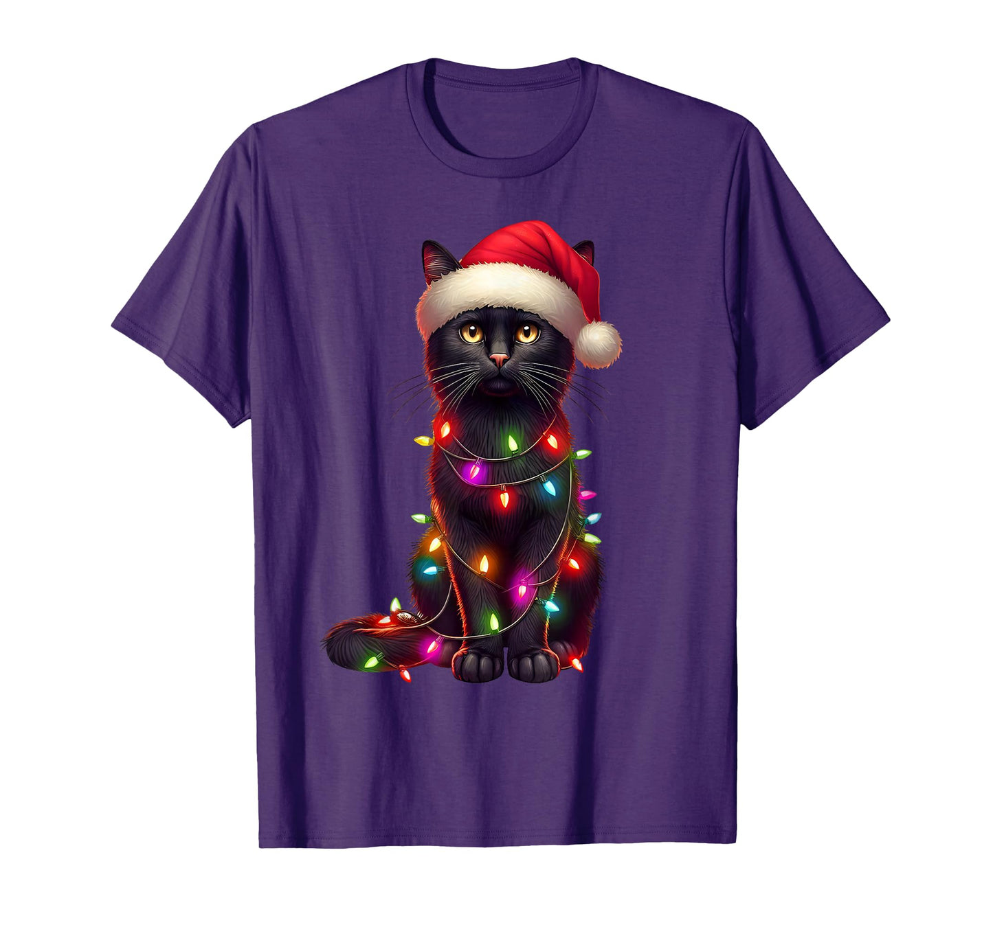 Black Cat Christmas Tree Lights Santa Xmas Pajama Cat Lover T-Shirt