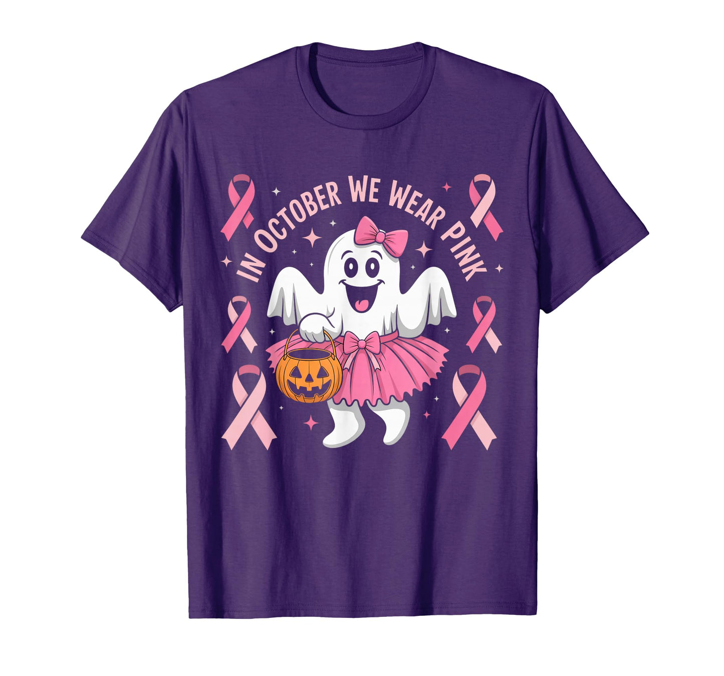 in October We Wear Pink Ghost Witch Breast Cancer Awareness T-Shirt
