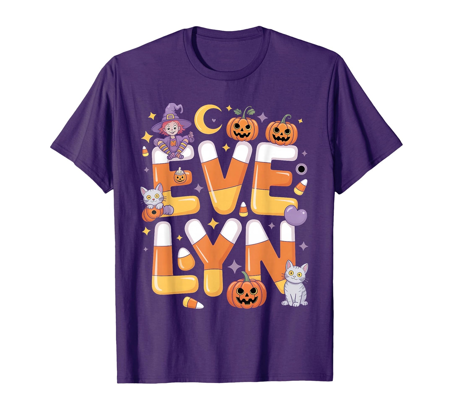 Evelyn Witch Candy Corn Cat Halloween Women and Girls T-Shirt